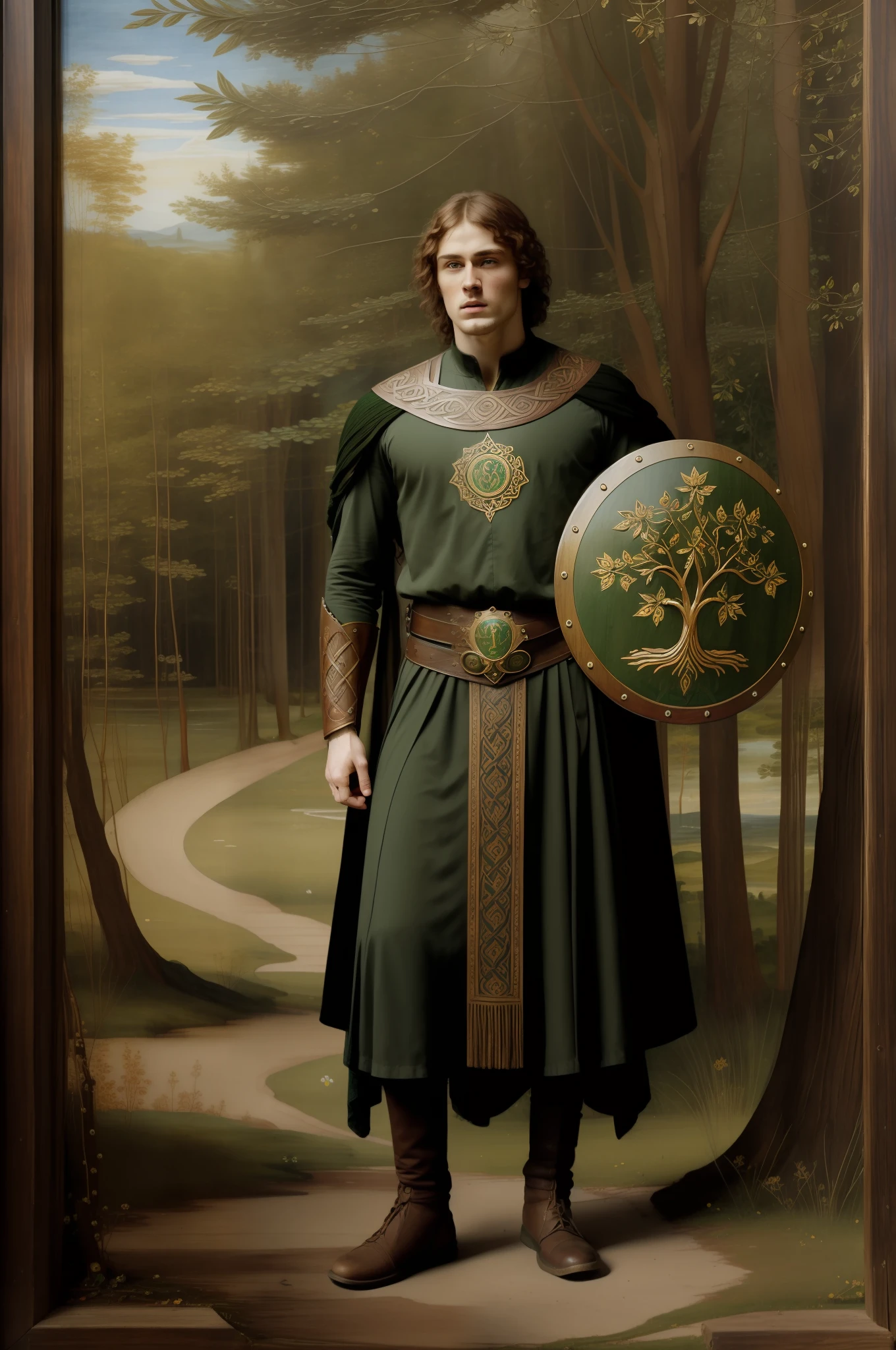 Celtic tree of life symbol on wood, "(((Pre-Raphaelite and Renaissance painting))), Young Celtic warrior holds a large shield with wooden Celtic symbols, floresta encantada de amieiros, Solo coberto de folhas, luz dourada, roupa marrom, paisagem irlandesa, mystic atmosphere."