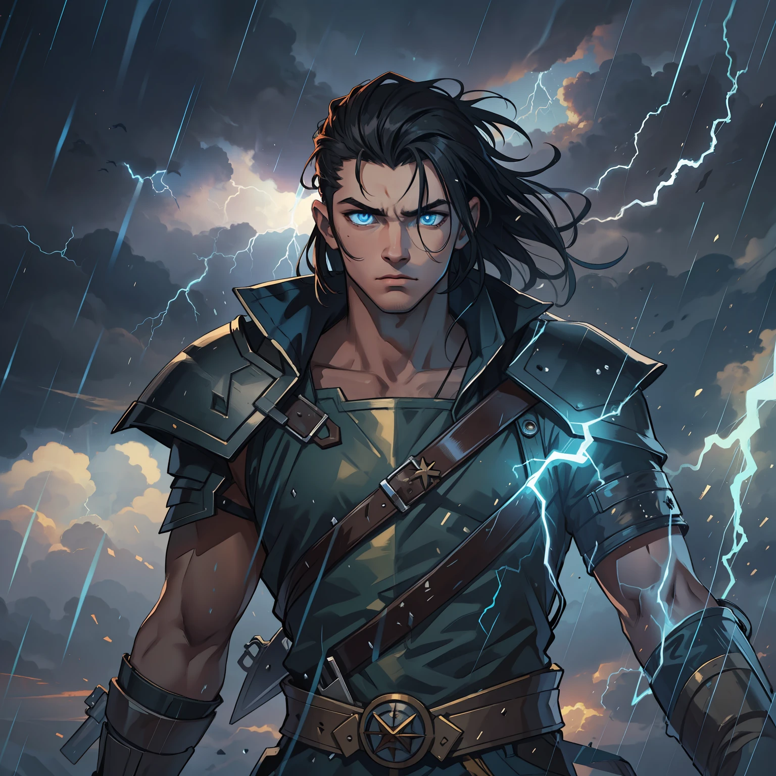A handsome young man with effeminate face and blue eyes and medium-sized black hair with the side of his hair shaved on the side of his head with his hair shaved, This young man is a warrior, He wears a battle suit and is in the middle of a storm, no topo de uma montanha, Like a Prince of Thunder, the sky lit by lightning in the storm, eletricidade pelo seu corpo, thunders, Magic, He is like a God of Thunder, Como Thor, He's a teenage warrior, magical dark sky, nuvens negras no meio de uma tempestade, water, Rain and Thunder An Art for an RPG A Medieval Art for an RPG, side of shaved head, Sidecute Shavedfad,
