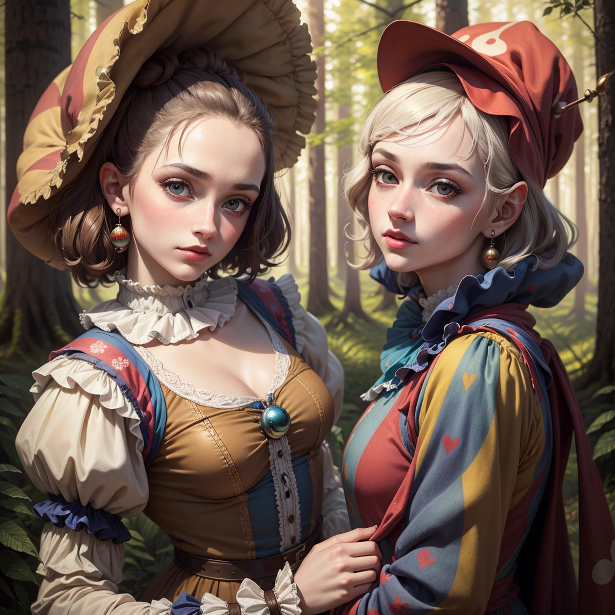 retro fool girl on the mooshrooms forest, mooshroom, 1girl, ((vintage tight suit jester)), ((dirty)), fool clothes, fool cap, jester, buffoon, clown, fool, mountebank, harlequin ((best quality)), ((masterpiece)), ((realistic)), realistic photo, artistic anatomical hands, trending on artstation, sharp focus, intricate details, very detailed, detailed eyes, very detailed, sharp focus, digital render, professional photography, 4k, masterpiece in the style of (Rembrandt:1.1), (Caravaggio:1.1), pastel drawing