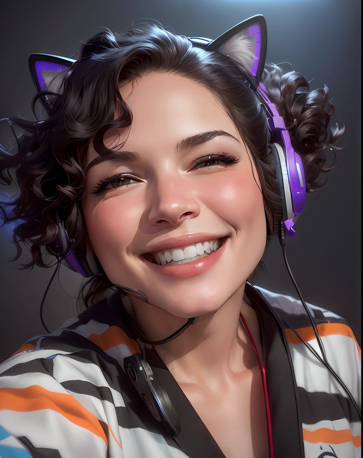 mulher sorridente usando fones de ouvido e uma faixa de ouvido de gato, foto de perfil headshot, com fones de ouvido, Alanis Guillen, com fones de ouvido, Valentina Embaralhamento, imagem do avatar, Retrato Lofi, foto do perfil, imagem de perfil, happily smiling at the camera, Directed by: Nandor Soldier, Streamer do Twitch, Fotografia tirada em 2 0 2 0