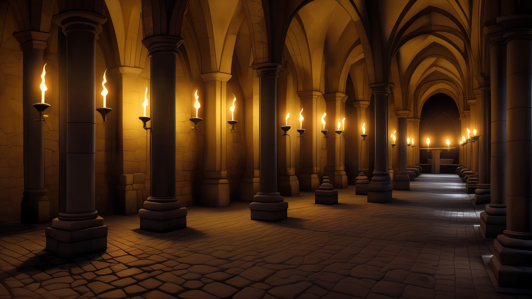 Beautiful tombstones in the ancient castle,With some torches
