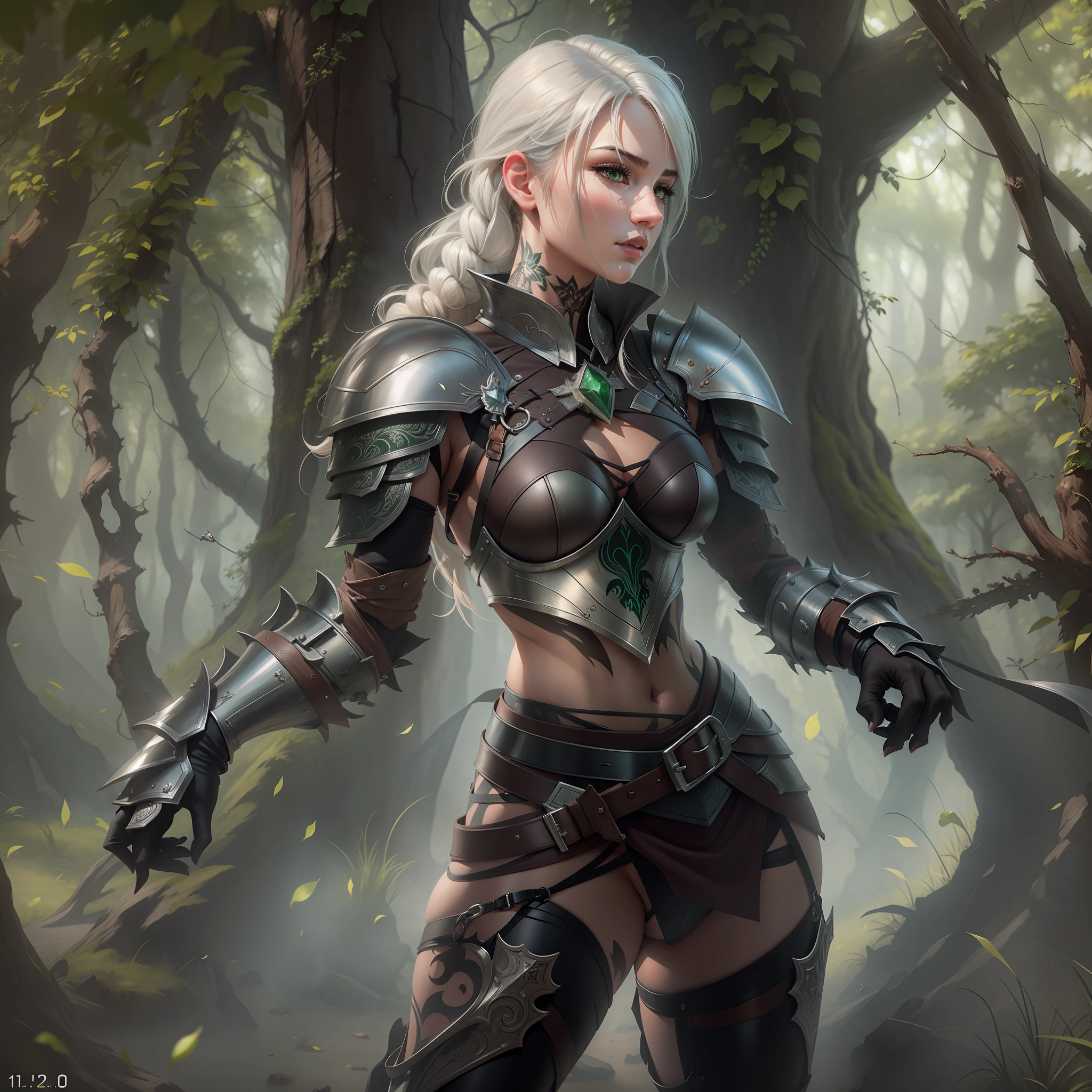 (Canon EOS 5D Mark IV:1.2), (masterpiece: 1.2), (best quality: 1.2), (highly detailed: 1.3), (intricate detail), (capturing every exquisite detail:1.2), high resolution, best illustration, perfect lighting, forest, monster warriors, wind breeze, full body, (((full body))), green iris, perfect eyes, perfect face, woman with mouth closed , detailed eyes, detailed background, photorealistic, (sharp focus: 1.2),(colorful tattoo on her arm:1.1), ((looking at camera: 1.2)), (voluptuous and perfectly proportioned figure:1.3), solo, 1 girl, mature female on a battlefield, glamorous female in battle, perfect human ???????, female with slim and strong body, perfect legs, perfect arms, ((realistic hands: 1.3)) absurdly long platinum hair, hair braid, women's clothing, ???? armor, armor, leather skirt, light alloy, black gloves, flashy neckline, seductive appearance, ???? body lines, human hands, attractive female body, (???? and elegant armor: 1.2), female boot, green iris, looking at the viewer, perfect lighting, detailed fantasy, epic realism