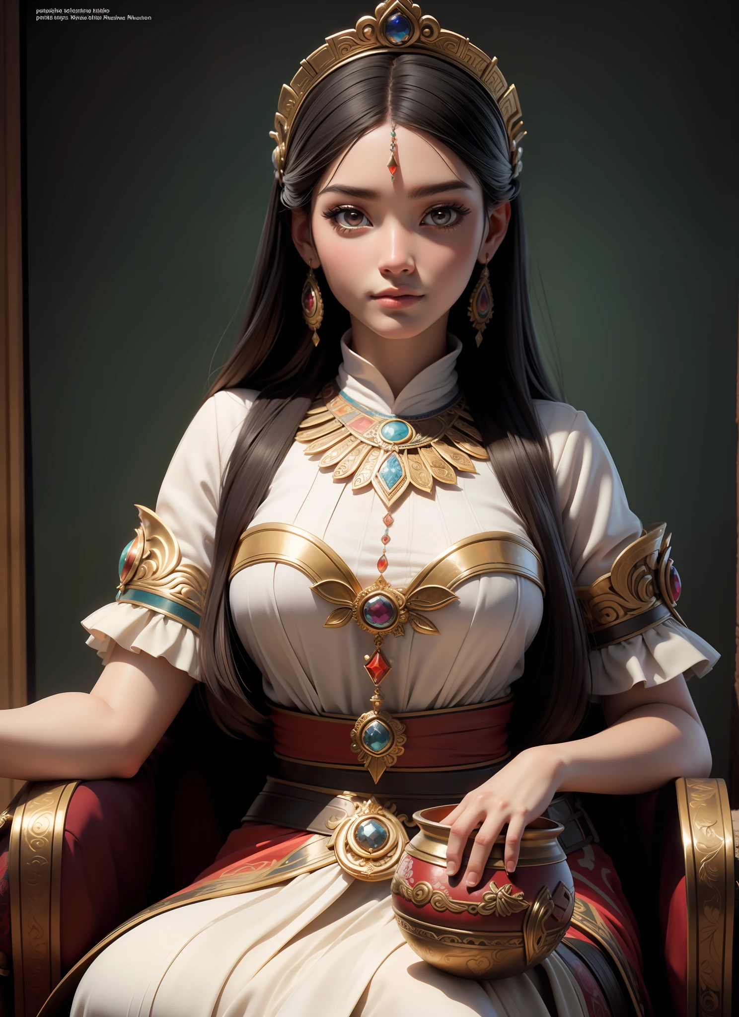 (masterpiece, top quality, best quality, official art, beautiful and aesthetic:1.2), (1girl), extreme detailed,(fractal art:1.3),colorful,highest detailed, painting of a woman in traditional clothing sitting next to a pot, traditional beauty, ancient libu princess, traditional art, ancient libu young girl, cute woman, gorgeous woman, realistic spanish woman painting, beautiful depiction, beautiful mayan priestess, stunning woman, beautiful mexican woman,