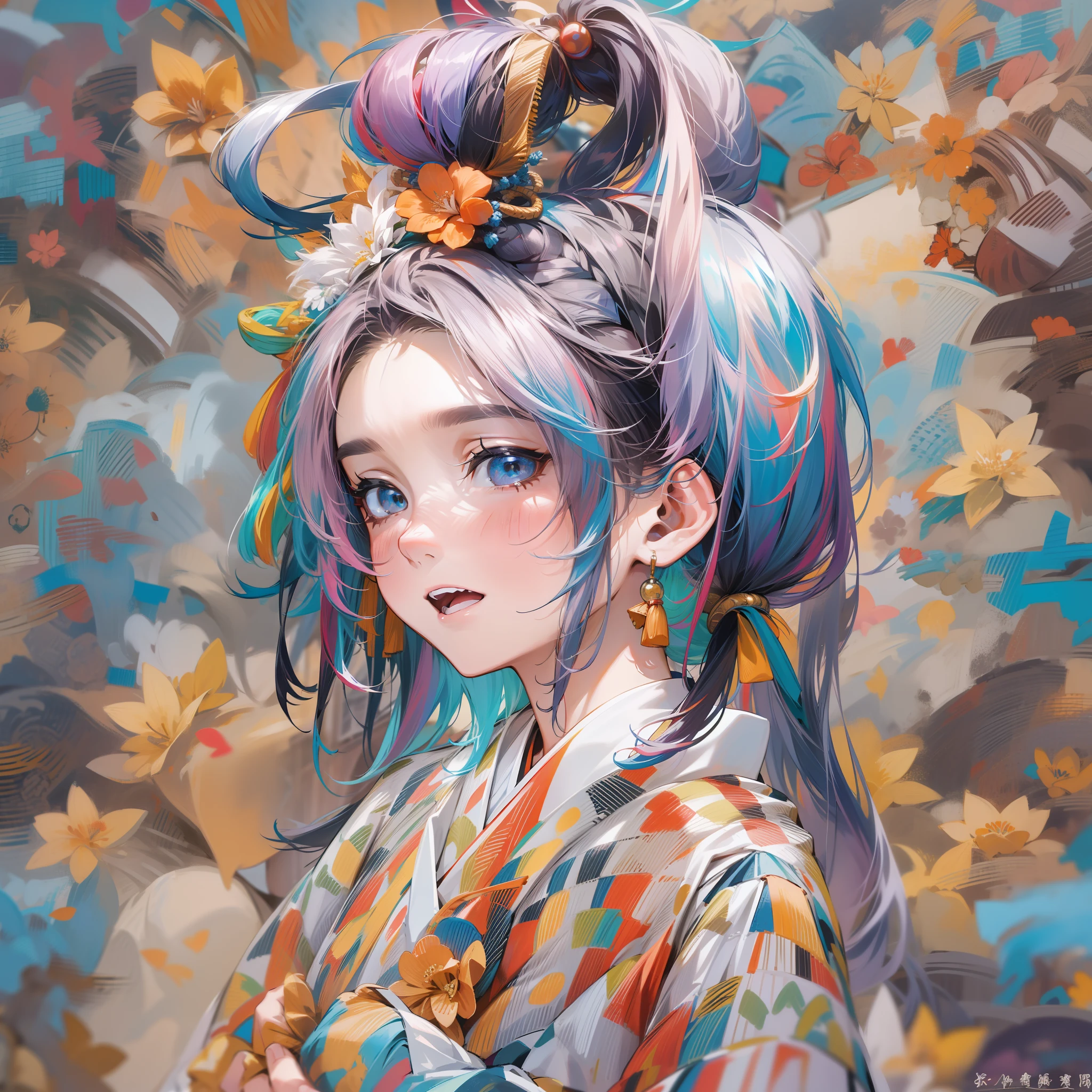 8k、Full Face、up、force、tosen、Passionate、Special Move、poneyTail、Colorful internal hair color、age19、Futuristic kimono pattern tightwear