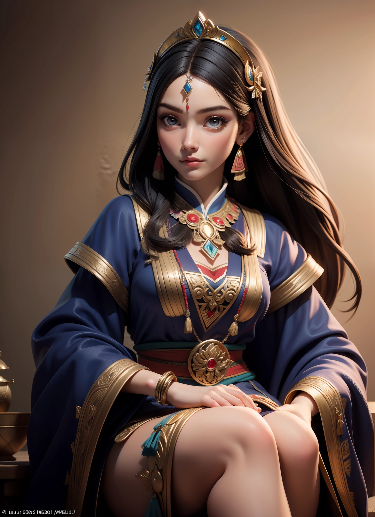 (masterpiece, top quality, best quality, official art, beautiful and aesthetic:1.2), (1girl), extreme detailed,(fractal art:1.3),colorful,highest detailed, painting of a woman in traditional clothing sitting next to a pot, traditional beauty, ancient libu princess, traditional art, ancient libu young girl, cute woman, gorgeous woman, realistic spanish woman painting, beautiful depiction, beautiful mayan priestess, stunning woman, beautiful mexican woman,