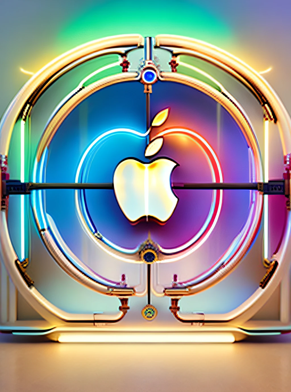 Cartel futurista con el logo de apple en backlight, luz blanca, neon, en estilo steampunk, con cables, partes mecanicas, retro, cartel luminoso, noche, realista, fotografico, alto detalle, fotorealista