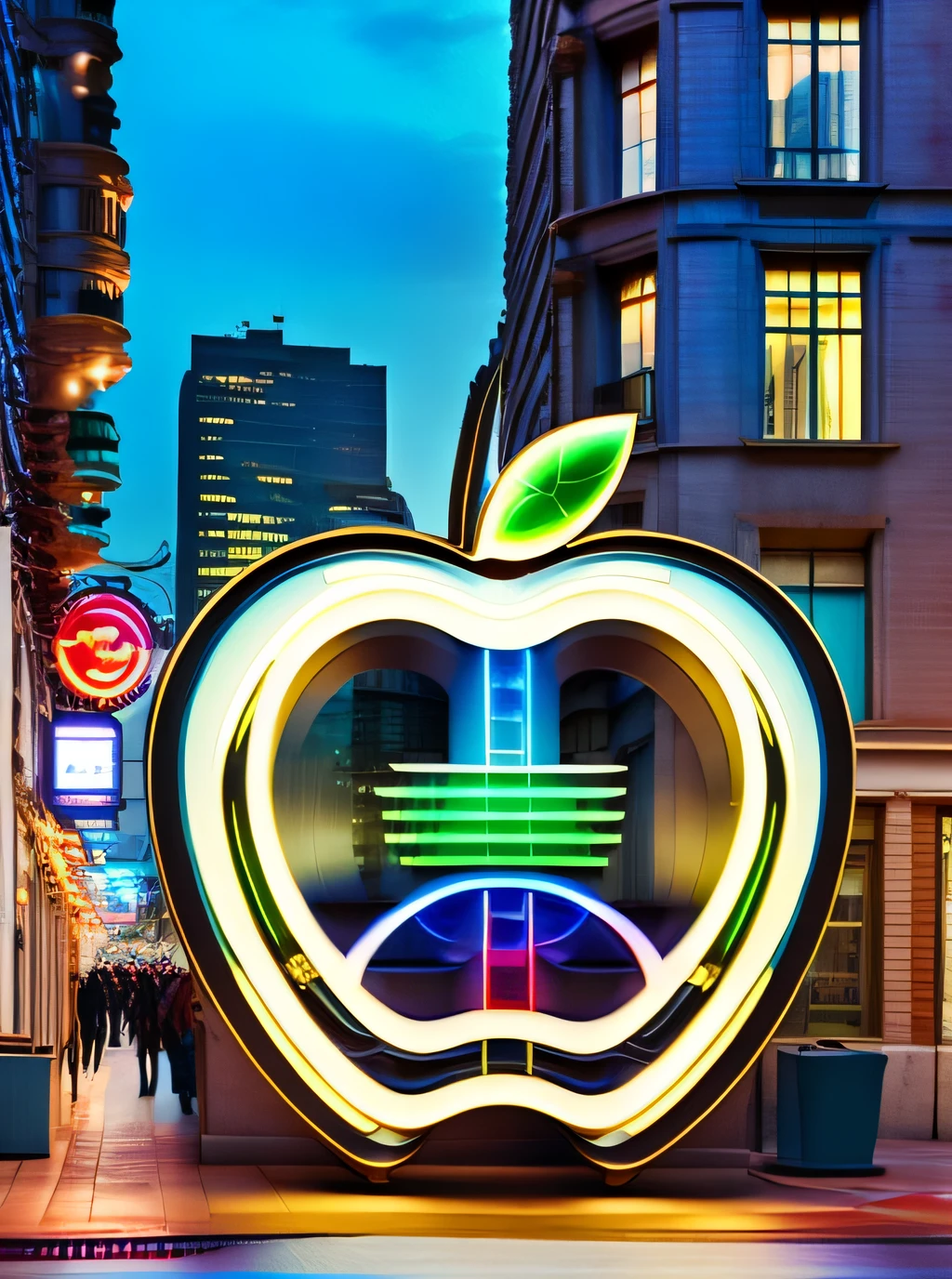 Cartel futurista con el logo de apple en backlight, luz blanca en una calle de una ciudad de noche, neon, en estilo steampunk, con cables, partes mecanicas, retro, cartel luminoso, noche, realista, fotografico, alto detalle, fotorealista