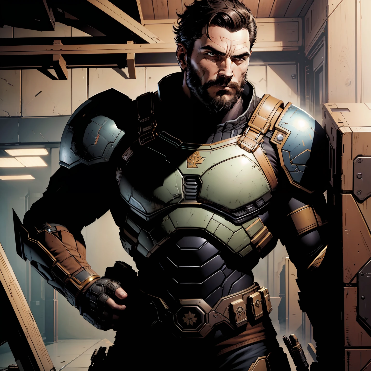 (Masterpiece, best quality), 1guy, male focused, short brown hair, hair middle part, hair loose, brown short beard, young, male, black gear, mature and tall, somber expression, rugged, eyes, male_focus, long shadow, ultra detailed, 8k, high quality, hq, accurate five fingers, black gear, sci-fi armor, Destiny Titan gear,