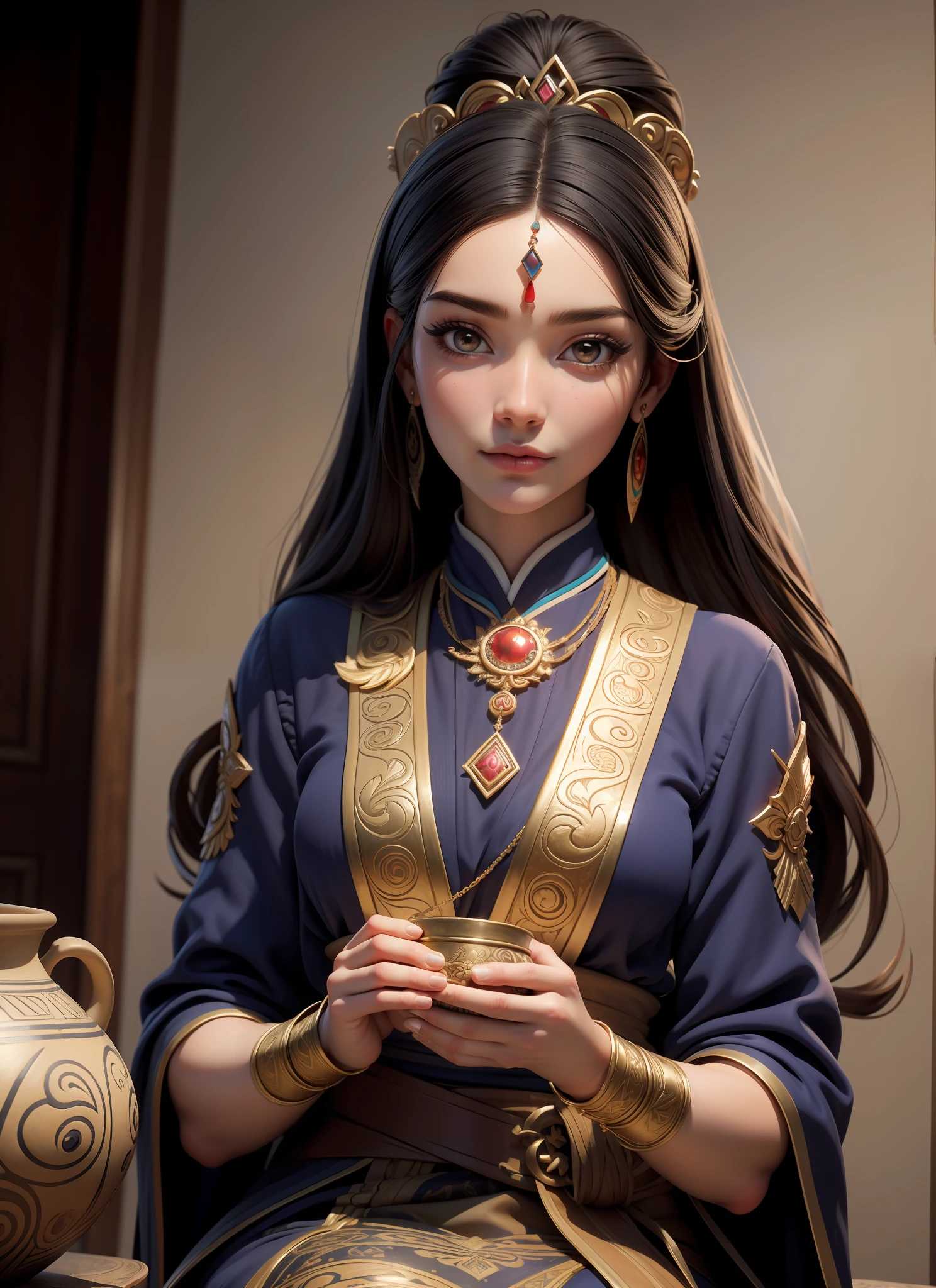 (masterpiece, top quality, best quality, official art, beautiful and aesthetic:1.2), (1girl), extreme detailed,(fractal art:1.3),colorful,highest detailed, painting of a woman in traditional clothing sitting next to a pot, traditional beauty, ancient libu princess, traditional art, ancient libu young girl, cute woman, gorgeous woman, realistic spanish woman painting, beautiful depiction, beautiful mayan priestess, stunning woman, beautiful mexican woman,