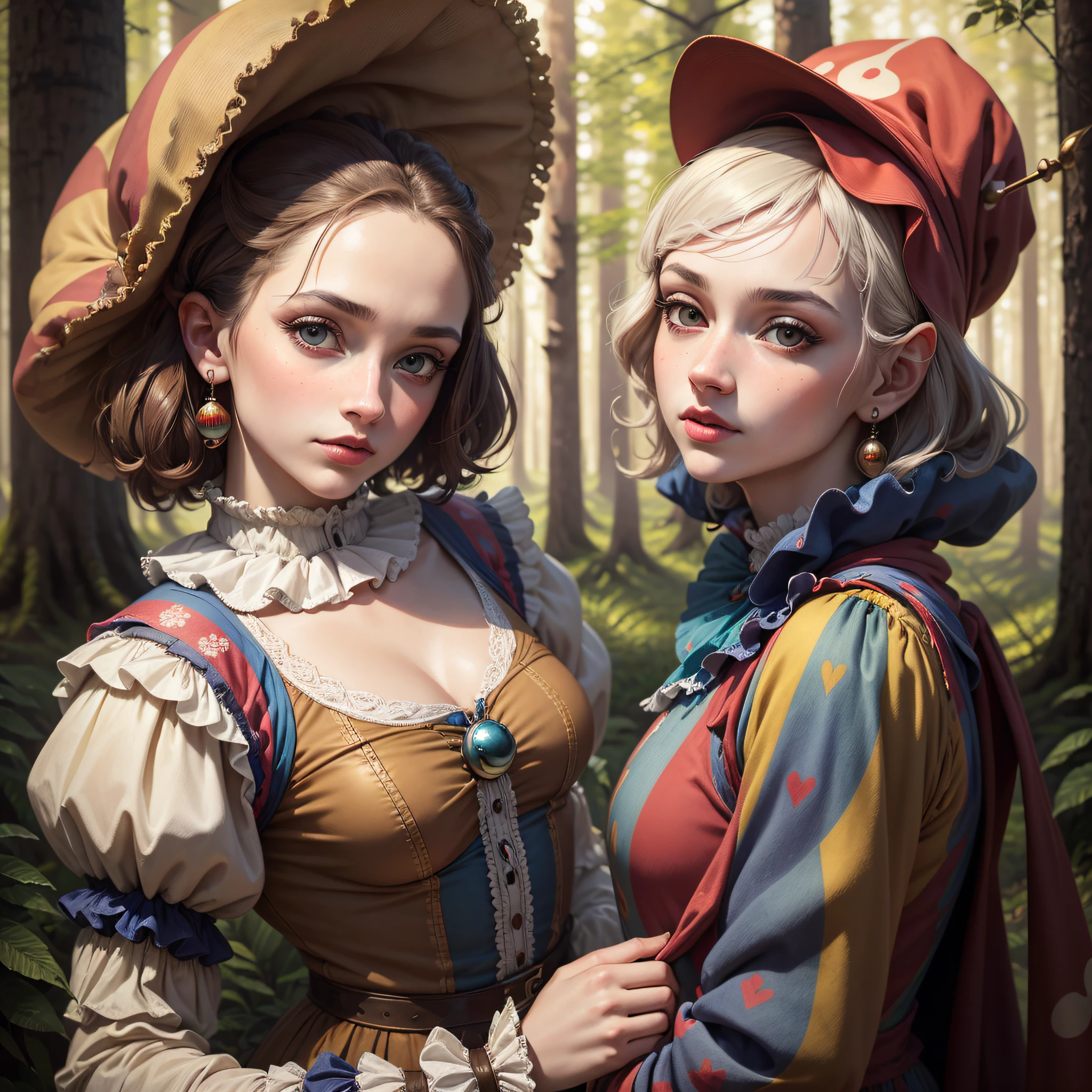 Funny clown hat, retro fool girl on the mooshrooms forest, mooshroom, 1girl, ((vintage tight suit jester)), ((dirty)), fool clothes, fool cap, jester, buffoon, clown, fool, mountebank, harlequin ((best quality)), ((masterpiece)), ((realistic)), realistic photo, artistic anatomical hands, trending on artstation, sharp focus, intricate details, very detailed, detailed eyes, very detailed, sharp focus, digital render, professional photography, 4k, masterpiece in the style of (Rembrandt:1.1), (Caravaggio:1.1), pastel drawing