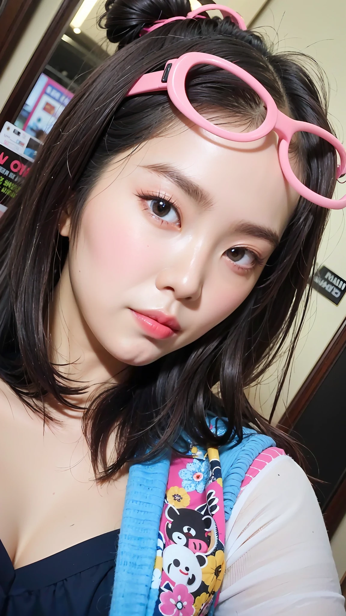 there is a woman with glasses on her head and a blue shirt, blackpink jennie, south east asian with round face, young cute wan asian face, jossi of blackpink, young adorable korean face, 🤤 girl portrait, with instagram filters, ruan cute vtuber, profile pic, selfie of a young woman, with round face, wan adorable korean face
