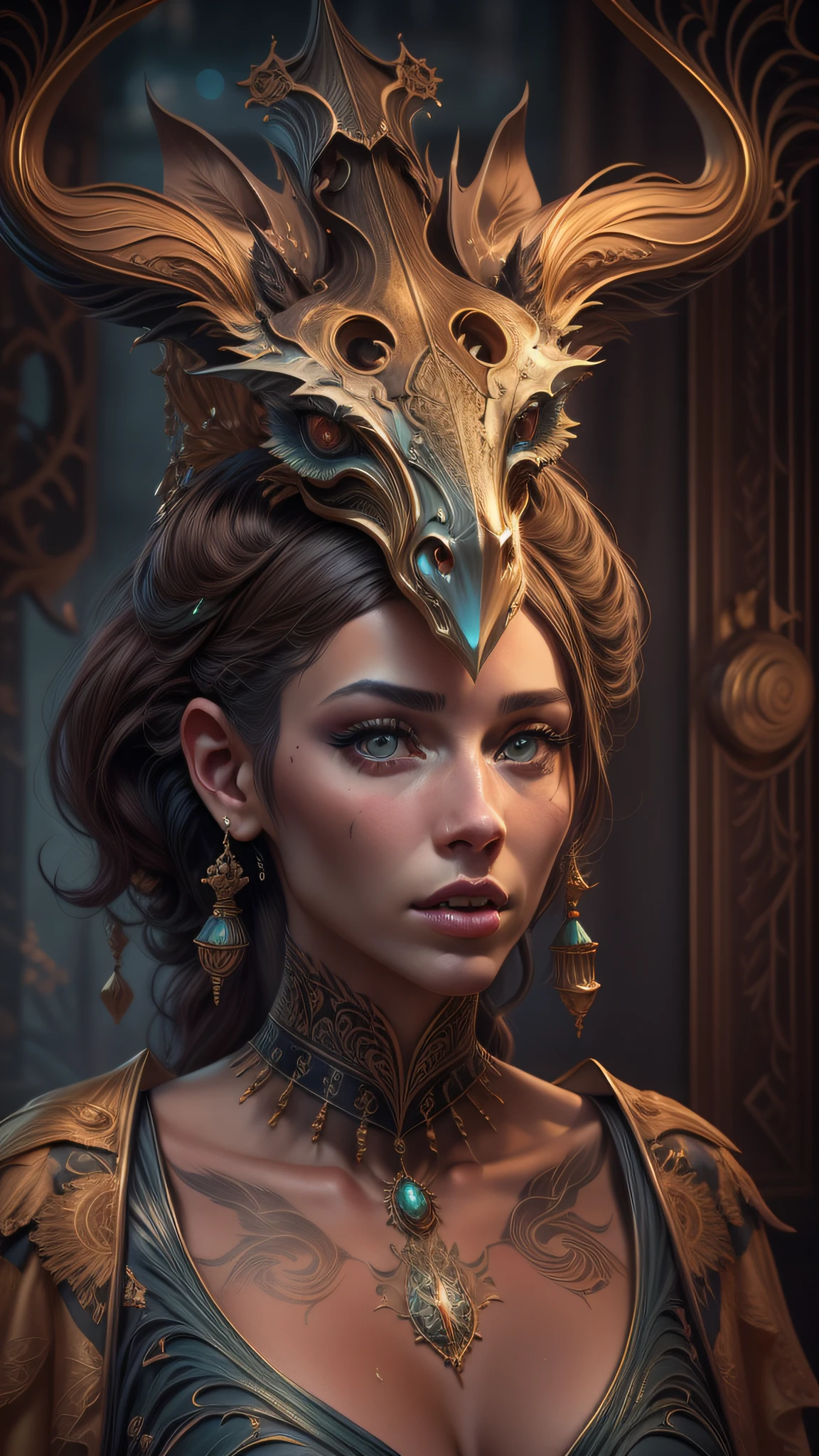 mulher de araffe em um vestido com uma tatuagem em seu peito, cinematic bust portrait, cinematic bust shot, estilo fantasia 8 k octane render, 3 d render arte do caractere 8 k, realistic fantasy rendering, unreal engine render + uma deusa, Trending in ArtStation 4K, 4K fantasia detalhe, 8k portrait render, 8k arte detalhada de alta qualidade