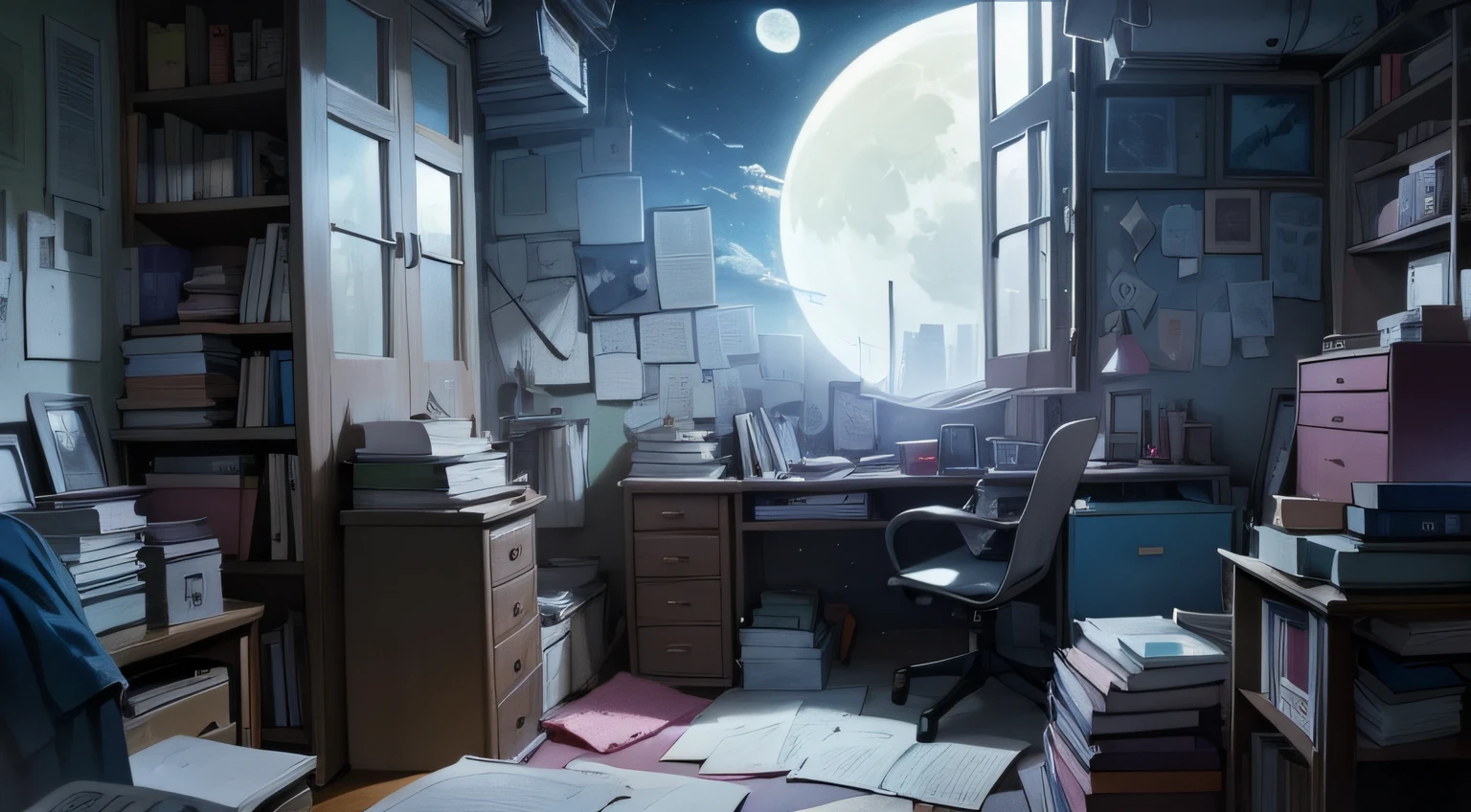 messy teen bedroom with books scattered around with the moon peeking through the window in cartoon style moonlight