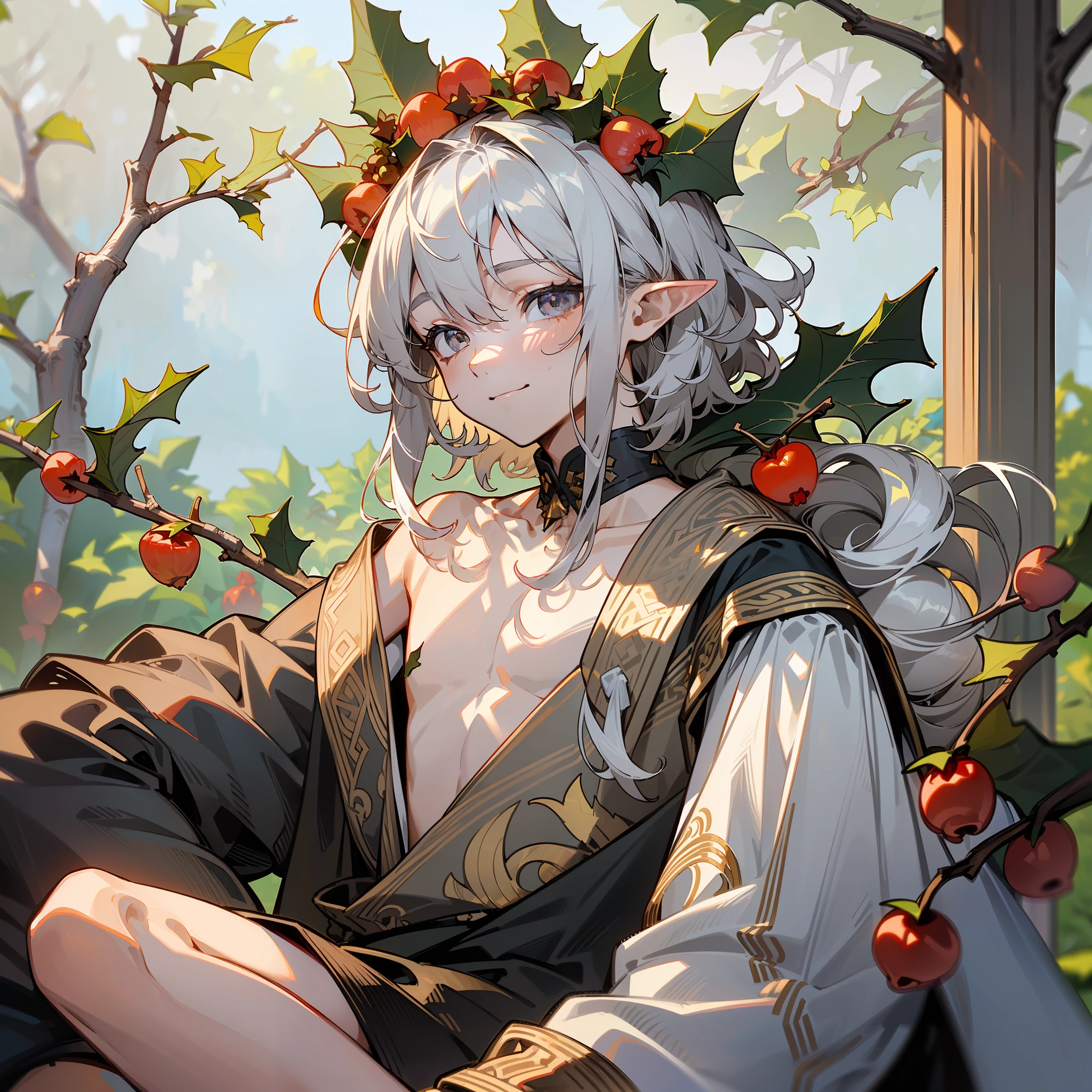 young man, twink, (((male))), (((man))), (1guy), (((single))), (((solo))), (((grey hair))), (((silver eyes))), (medium short hair), (chin-length hair), wavy hair, slim body, ((flat chest)), (((fantasy style))), (((wearing fir branches in his hair))), (((holly leaves in his hair))), (((red berries in his hair))), red berries in hair, flowercrown, ((pointy ears)), (((silver colored eyes))), smooth skin, bare legs, revealing clothes, (((wearing twigs in his hair))), (mistletoes), ((walnuts in hair)), gold details, winter, smiling, garden in the background, snow in the background, in the background, sunny weather
