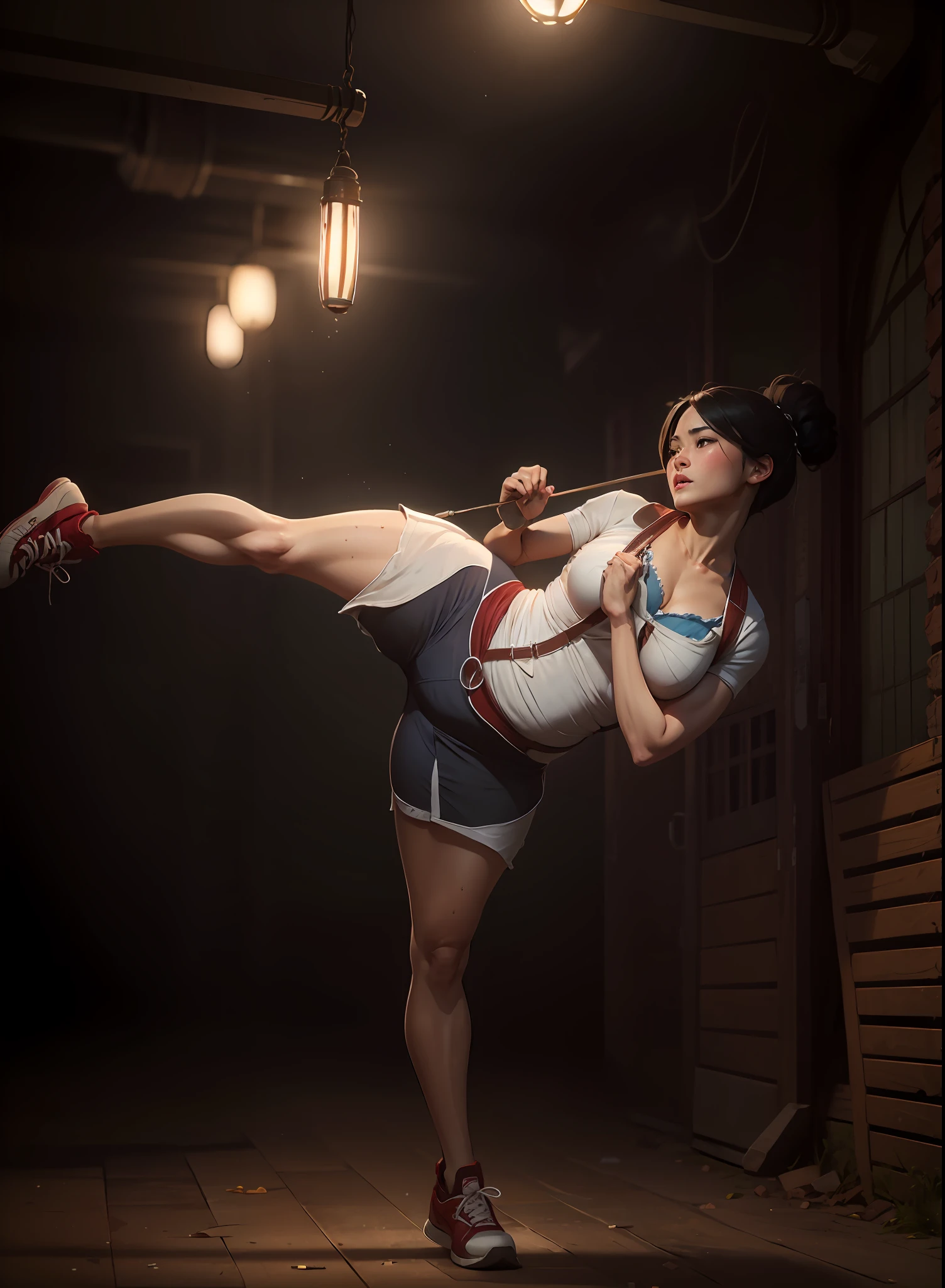 (An Asian girl),(Nineteen years old),(ultra HD picture quality),(Extremely delicate portrayal),(8k wallpaper),(Movie lighting),(best qualityer),Sexy body(Extremely standard and perfect body structure),Side Body,Kicking(Kick into the air:1.5),Martial arts action,tight costume,(Flowing fabric:1.3)shorter pants(black in color:1.5),Suspender T-shirt(white colors:1.5),Red sneakers,Extremely delicate skin(There is pronounced sweat:1.3),closeup of face,Muscle lines are pronounced,A plump chest,Plump buttocks,The expression is cold,short detailed hair(black in color:1.5),Downtown street,crowd of(Faraway view:1.3),(Full body appearance:1.5),closeup cleavage