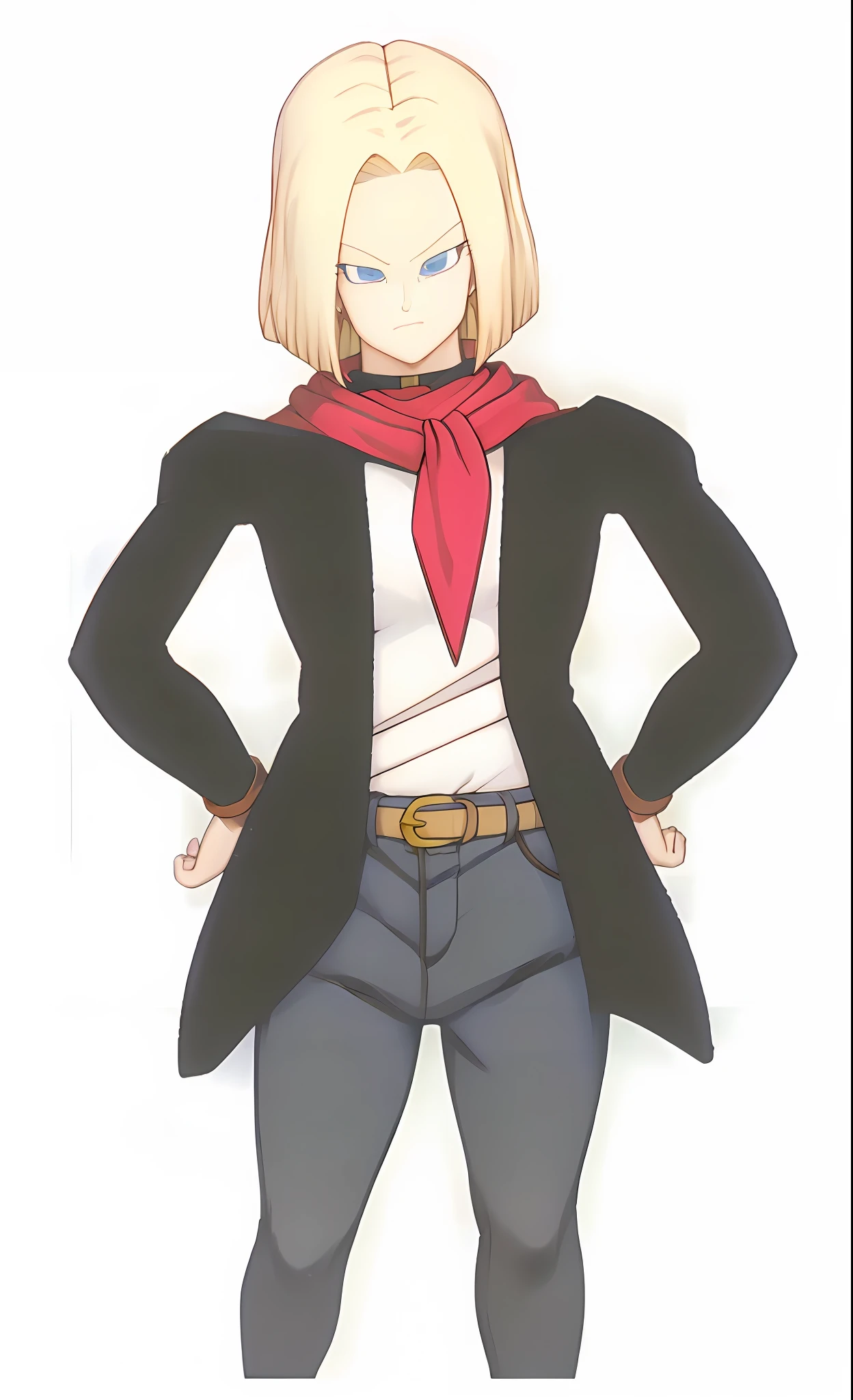 Villainous man with bad face, white hair and small angry blue eyes 2D ART realistic clothes anime scarf red cover black white shirt grey long pants and sexy golden belt