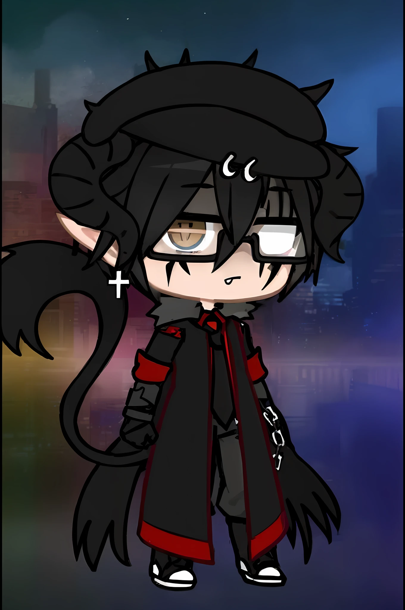 a close up of a cartoon cat with a black coat and red tail, deviant adoptable, neo goth, emo boy with cat ears and tail, character adoptable, dapper dream demon, full body adoptable, demon boy, chibi, anime moe artstyle, demon male, varguyart style, in an anime style, long haired humanoid fursona, epic anime style