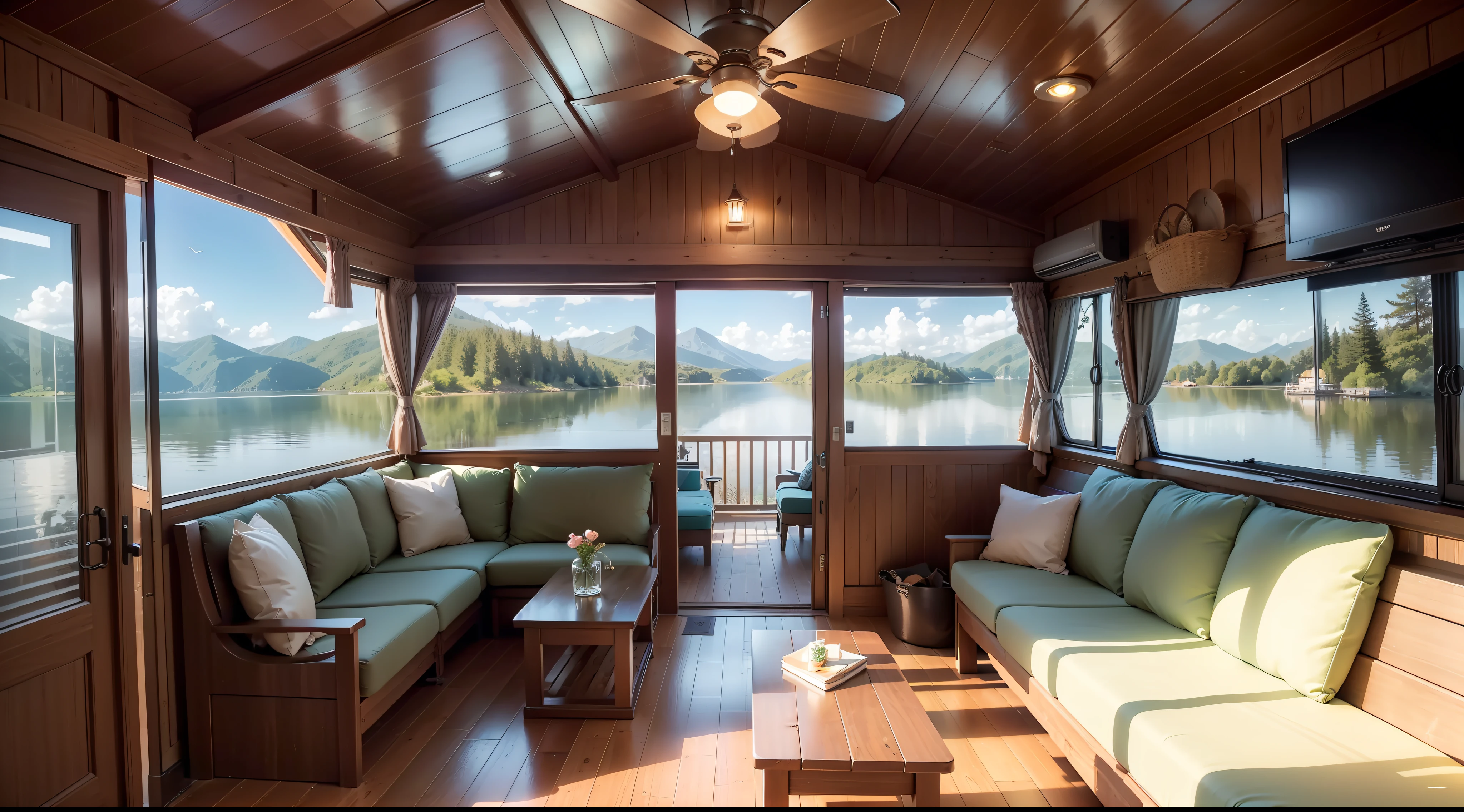 Imagine a tranquil Houseboat retreat nestled amidst the lush greenery of a serene lake. Picture a charming floating abode, designed with rustic elegance, offering an idyllic escape from the hustle and bustle of city life.
The Houseboat boasts a cozy wooden exterior with gently sloping rooflines adorned with blooming vines. Large, panoramic windows frame breathtaking views of the shimmering lake and distant mountains, inviting residents to connect with nature.
The inviting front deck features plush seating arrangements, perfect for enjoying sunsets or hosting intimate gatherings. A quaint garden on the deck enhances the ambiance with colorful blooms and fragrant herbs.
Step inside the Houseboat and be enchanted by its cozy interior. The open-plan living area exudes warmth, featuring polished hardwood floors, comfortable seating, and a fireplace for chilly evenings. Nautical-themed decor accents add a touch of maritime charm.
The fully equipped kitchenette is designed to cater to culinary delights, boasting modern appliances, ample storage, and a charming breakfast nook by the window, offering inspiring lake views during meals.
The Houseboat accommodates up to four people with two charming bedrooms. The master bedroom, adorned in soothing coastal hues, has a plush queen-sized bed, an en-suite bathroom with a claw-foot bathtub, and a private balcony for personal moments with nature.
The guest bedroom exudes a coastal cottage vibe, with twin beds, cozy blankets, and charming artwork adorning the walls. Guests can enjoy a private bathroom with a refreshing shower.
Above, an enchanting rooftop terrace offers a sanctuary for stargazing, yoga, or simply unwinding amidst nature's embrace.
Solar panels and eco-friendly systems power the Houseboat, ensuring a sustainable and eco-conscious stay. The gentle lapping of water against the hull and the occasional visit from friendly ducks add to the enchanting ambiance.