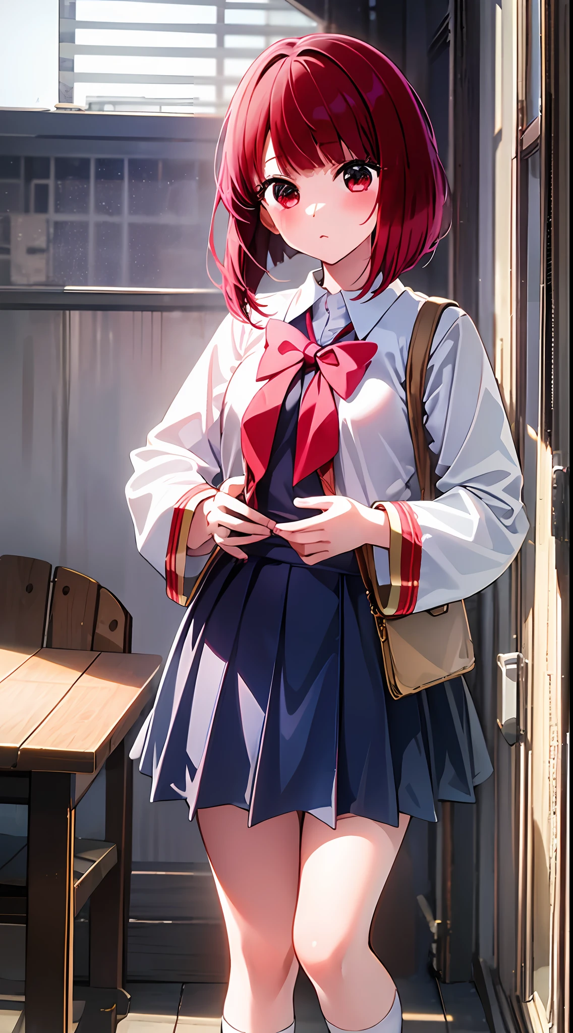 Winter, main girl is beautiful and cute, traditional uniform, navy blue sailor suit, "neat and bright uniform coordination", full body, full body illustration, best illustration, realistic and elaborate uniform, high school uniform, elementary school student, ((highest quality)), ((masterpiece)), (detail: 1.4), anatomical, award-winning concept art, beautiful, fine details, portrait, looking viewer, (full body view) ), 1 girl, full body, solo, 6 years old, elementary school student, child actor, red hair, red hair, short hair, red eyes, big eyes, cute underwear, panties, long skirt, silk material panties, skirt lift, blush, classroom, belly button out, clothes lift, easy background, lifting clothes, white shirt, uniform, sailor suit, Japan cute uniform, look away, loli, elementary school, The main girl is beautiful and cute, loli, baby face, cute, young, young appearance, fantastic visual depiction, professional effect, beautiful girl, petite girl, unevenness, absurdity, unevenness, the oldest girls' school Japan based on Christianity along with the girls' school for uniform, "very cute with traditional uniform", "very cute sailor suit for both summer and winter clothes", loafers, red hair, Red eyes, traditional uniform, neat and clean coordination, "In line with our school's educational policy of "nurturing independent women", the beauty of intelligent and dignified women is expressed in uniforms.