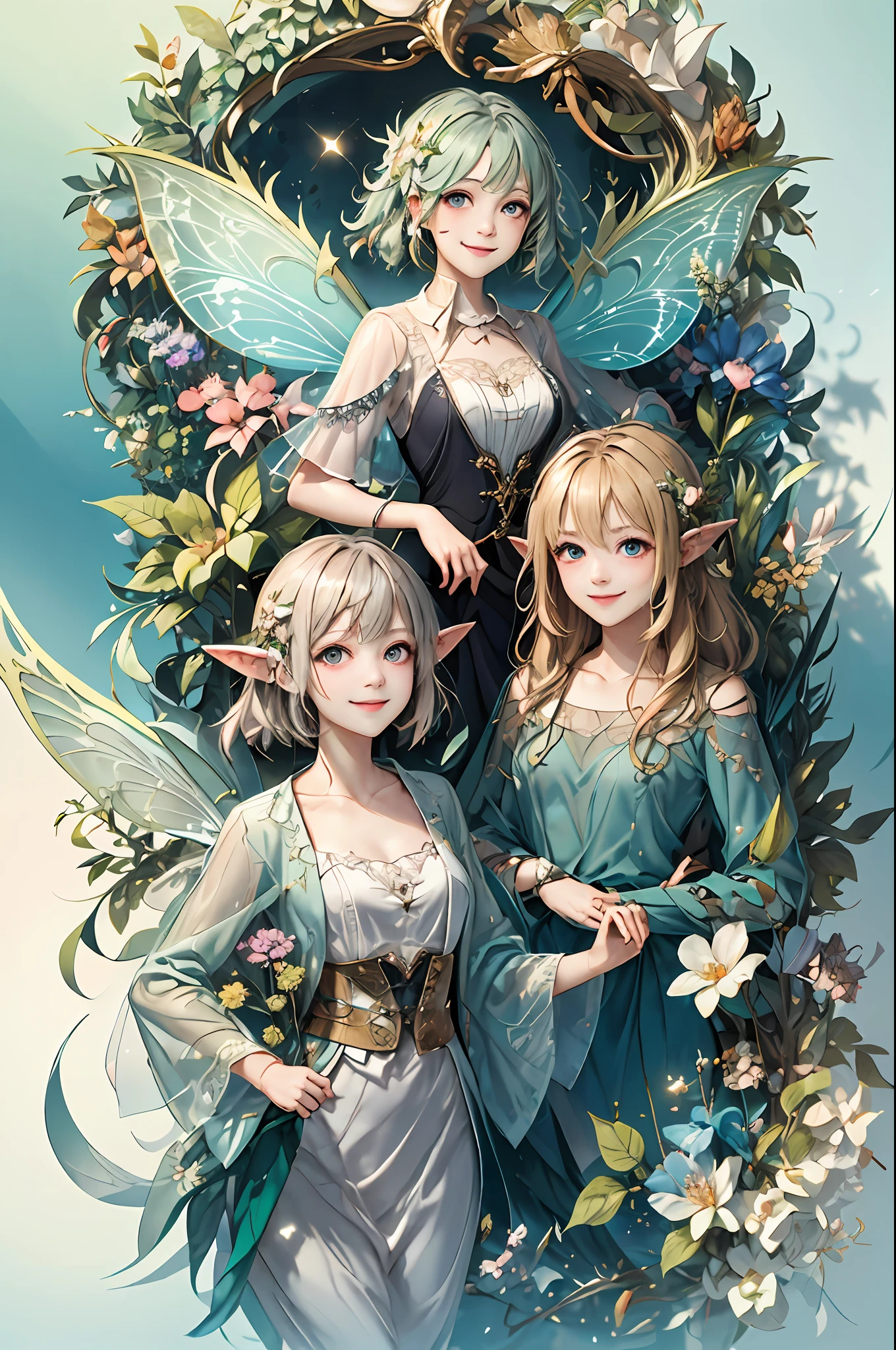 Welcome to the unknown、Fairies will guide you､kindly smile、Beautiful girl with a sense of transparency、beautiful fairies､Large transparent blade､are flying、Smile brightly、the woods、verdant、forest fae