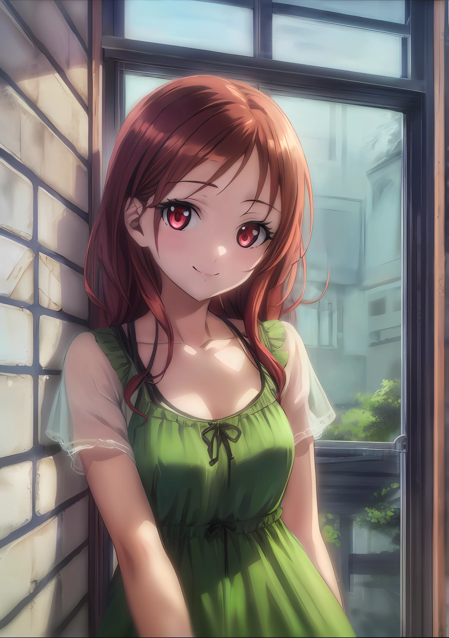 (highres, best quality:1.2), 1girl, Shimada fumikane artstyle, 1girl, sparkling eyes, radiance, soft contours, beautiful drawing, upper body, concept art, neon light, eyelashes, long red hair, minna dietlinde wilke, red eyes, casual wear, gentle smile, summer dress