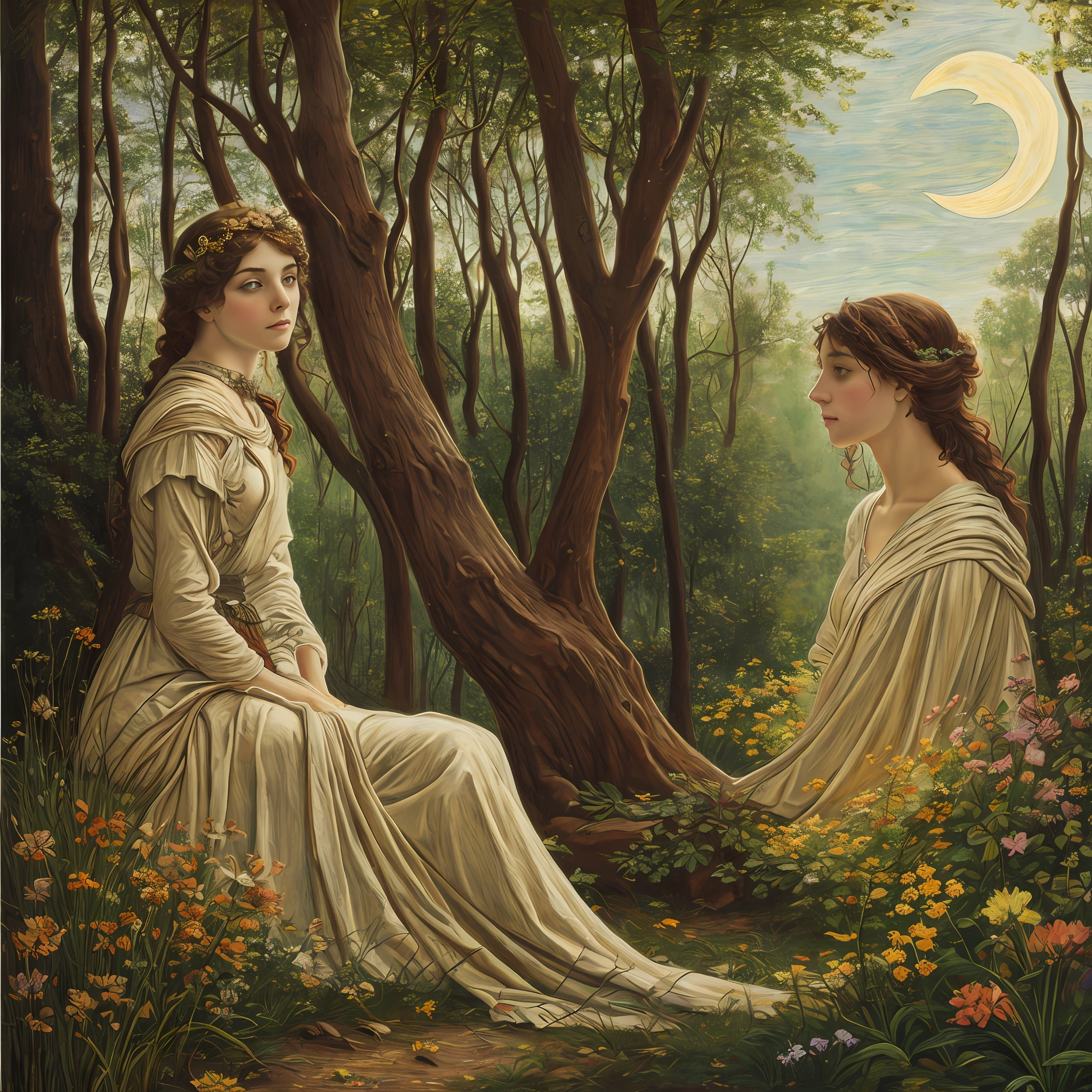 An image of a mystical girl in the woods whispering to animals, highlighted by ethereal moonlight, extremely detailed, ultra realistic, 10k high resolution, in the style of tempera, conte crayon, and digital painting, weaving elements of Art Nouveau, Expressionism, and the Pre-Raphaelite Brotherhood