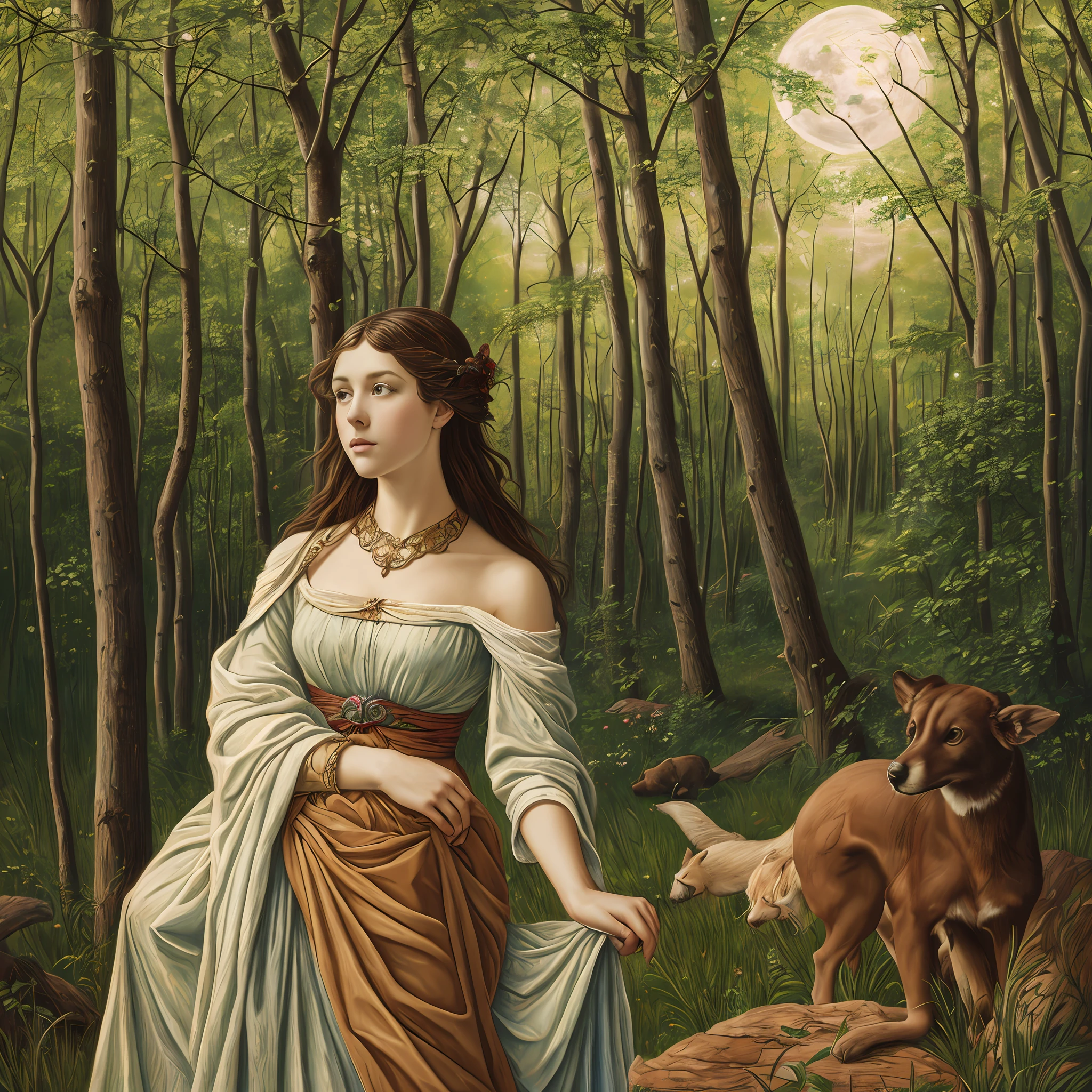 An image of a mystical girl in the woods whispering to animals, highlighted by ethereal moonlight, extremely detailed, ultra realistic, 10k high resolution, in the style of tempera, conte crayon, and digital painting, weaving elements of Art Nouveau, Expressionism, and the Pre-Raphaelite Brotherhood