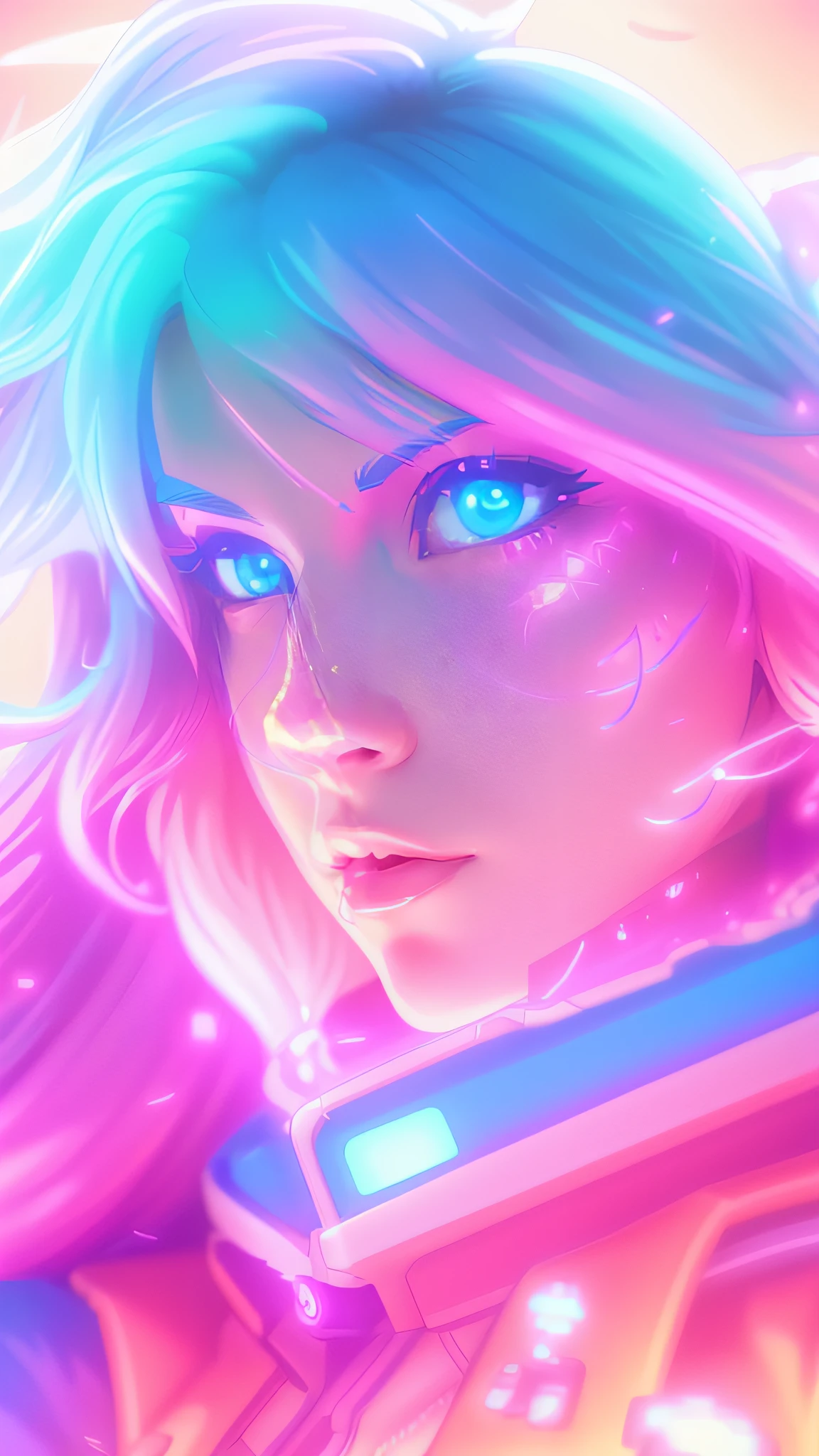 Woman with glowing hair and blue eyes in a spacesuit, cyberpunk artstyle, bright cyberpunk glow, digital cyberpunk anime art, rossdraws cartoon vibrant, Portrait of a Glowwave Girl, 4k detailed digital art, beautiful digital artwork, digital cyberpunk - anime art, dreamy cyberpunk girl, cyberpunk artstyle, Digital Art Style, Neon light and fantasy, 4K Digital Artwork