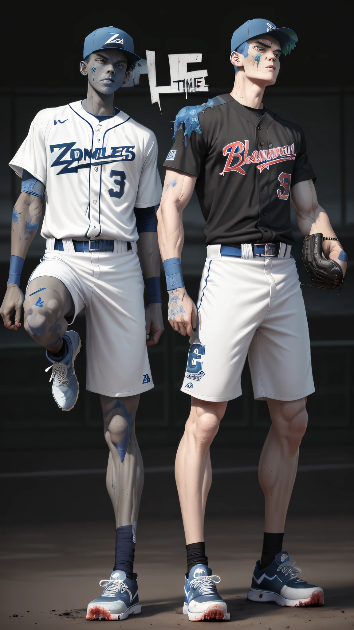 (Blue-gray skin), zombie, Two baseball players, Brush cut, Black baseball cap, Standard body proportions, Wear sneakers on your feet, Evil expression, Delicate facial features, comic strip,Hyper-Resolution,