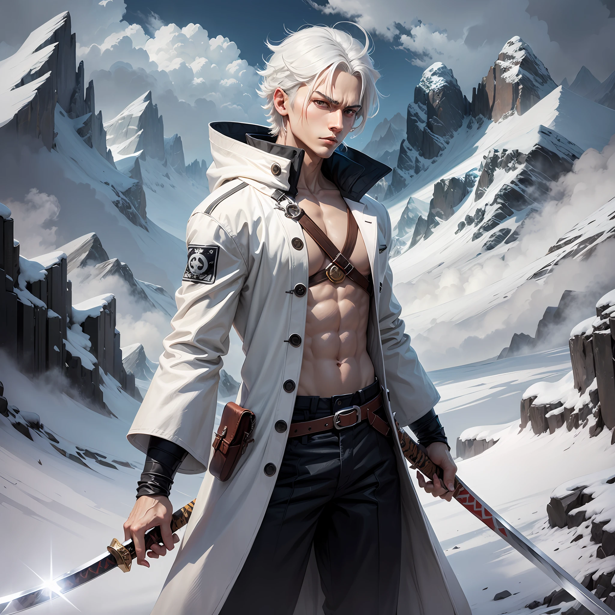 male character with white hair and black eyes anime one piece style, black katana wielding swordsman, dressed in a white oriental coat, dark mountain scenery --auto --s2