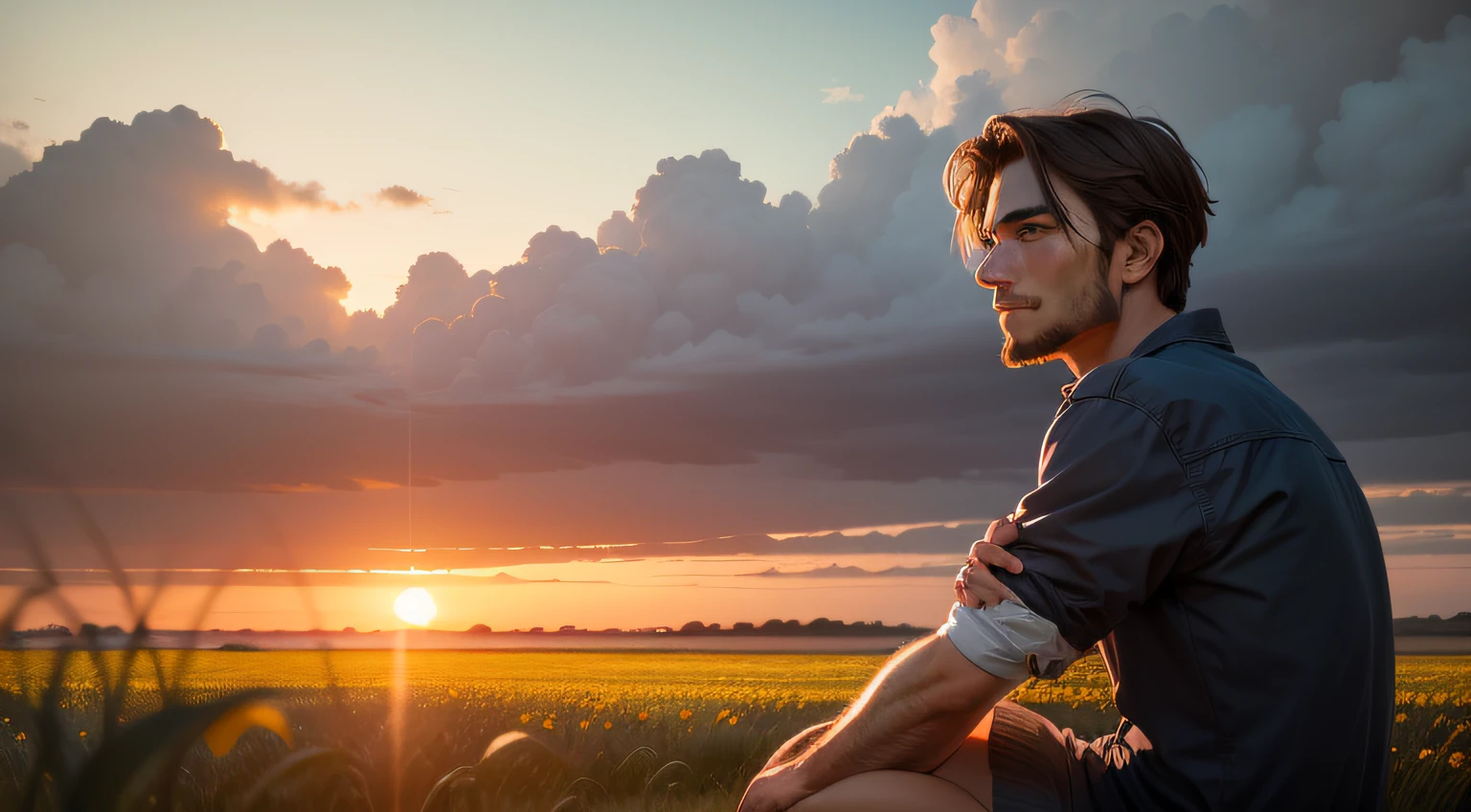 Sitting on the ground over the field watching the sunrise, The eastern peasant man has a serene expression. Flores roxas e amarelas crescem ao redor dele.