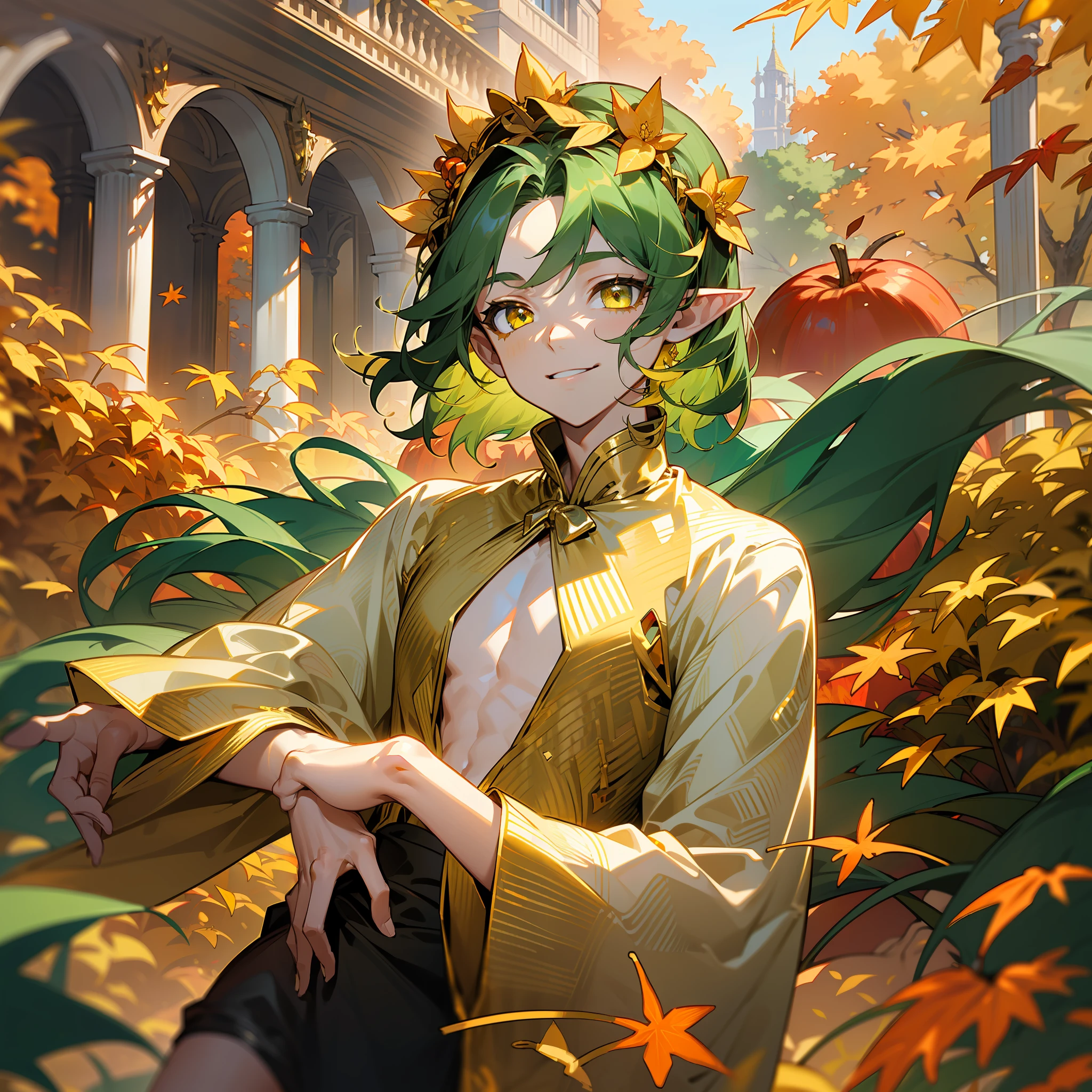 young man, twink, (((male))), (((man))), (1guy), (((single))), (((solo))), (((green hair))), (((golden eyes))), (medium short hair), (chin-length hair), wavy hair, slim body, ((flat chest)), (((fantasy style))), ((wearing orange leaves in his hair)), (((yellow leaves in his hair))), (((red leaves in his hair))), red berries in hair, flowercrown, ((pointy ears)), (((gold colored eyes))), smooth skin, bare legs, revealing clothes, (brown leaves), (yellow flowers), (orange flowers), gold details, autumn, fall, smiling, garden in the background, fantasy palace in the background, red apples in the background, pumpkins in the background, sunny weather