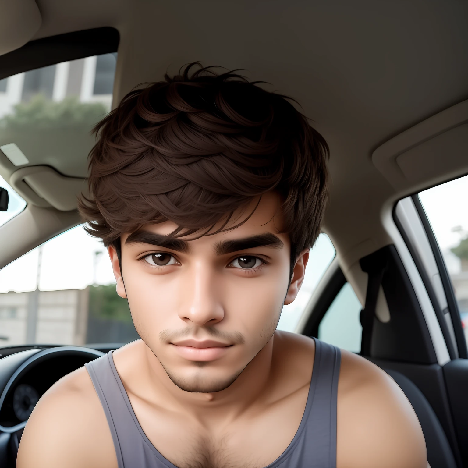 Homem,  20 anos, feio, magrelo, ombros pequenos, brasileiro, portanto, dentro de um carro, looking-into-camera