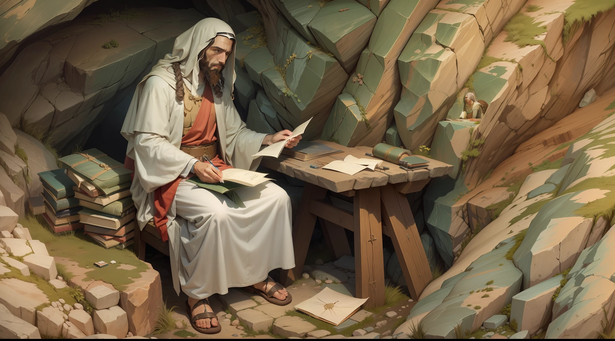 Imagem antiga, roupa judaica, homem judeu, Old Christian writing letters in a rocky cave with a lot of technology and extreme realism ((image depicting one of Jesus' apostles