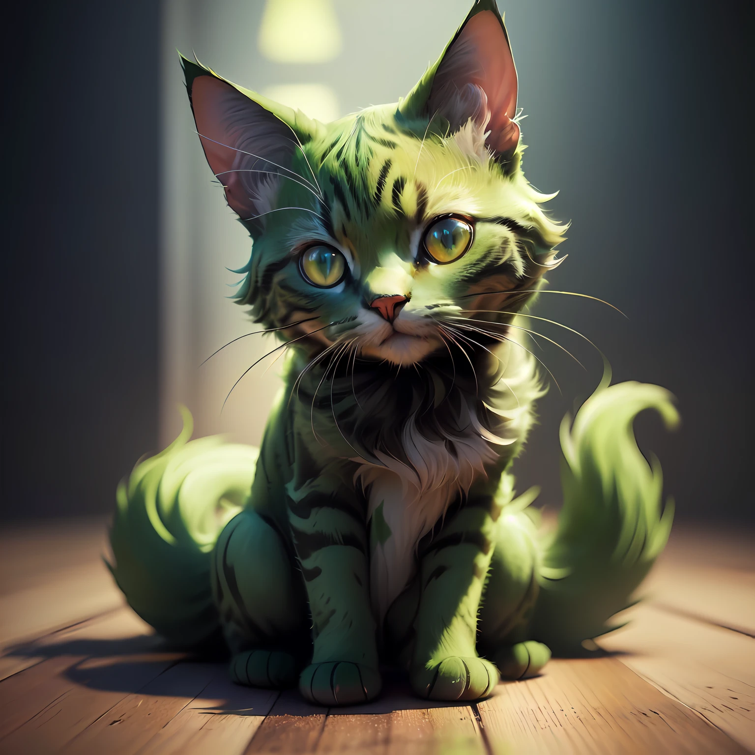 There is a cat that is sitting on the floor with a green mane, painting digital adorable, arte digital detalhada bonito, pintura digital altamente detalhada, gato anime realista, ultra realistic 3d illustration, Arte digital altamente detalhada em 4k, arte digital bonito, pintura digital altamente detalhada, 3 d render stylized, estilo de arte fotorrealista, Gato. pintura digital, pintura digital muito detalhada