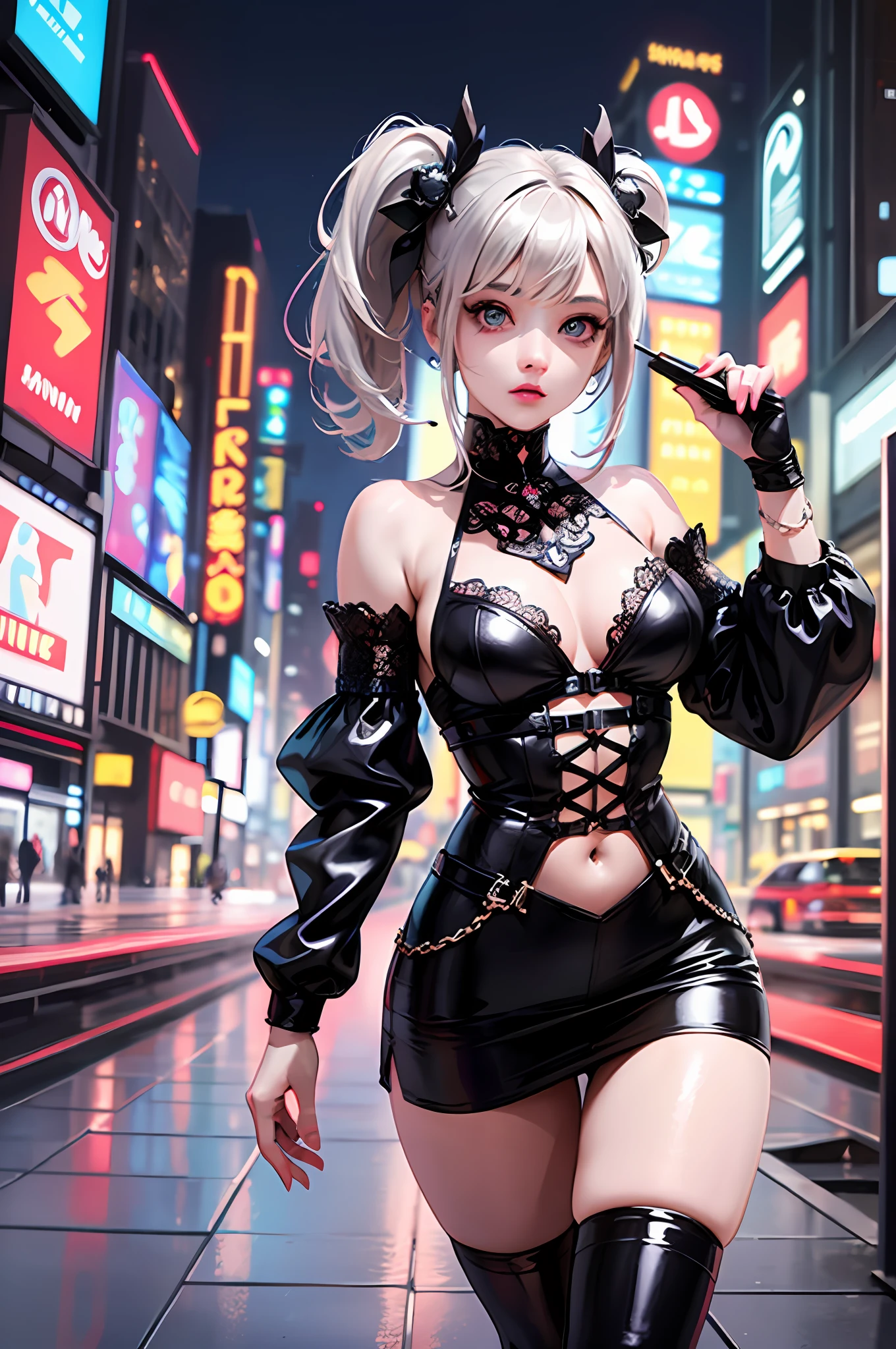 masterpiece, best quality, full body, 1girl, looking at viewer, Confident girl with slightly sassy expression, Harajuku-inspired pop outfit, bold colors and patterns, eye-catching accessories, trendy and innovative hairstyle, vibrant makeup, futuristic and dazzling cyberpunk cityscape, skyscrapers, neon signs, LED lights, bright and vivid color scheme, anime, illustration, detailed skin texture, detailed cloth texture, beautiful detailed face, intricate details, ultra detailed, photorealistic, cinematic lighting, depth of field f/1.8