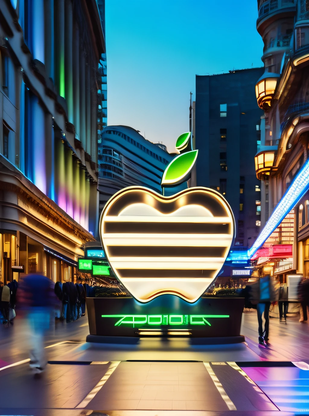 Cartel futurista con el logo de apple en backlight, luz blanca en una calle de una ciudad de noche oscura, neon, en estilo steampunk, con cables, partes mecanicas, retro, cartel luminoso, noche, realista, fotografico, alto detalle, fotorealista