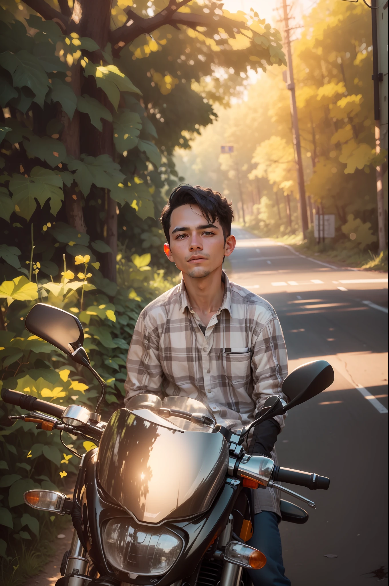 arafed man sitting on a motorcycle on a road in the woods, without helmet, student, mid shot portrait, potrait, photo taken with nikon d 7 5 0, photo taken with nikon d750, portait image, shot on nikon z9, casual photography, on a road, shot on nikon d 3 2 0 0, portrait shot 8 k