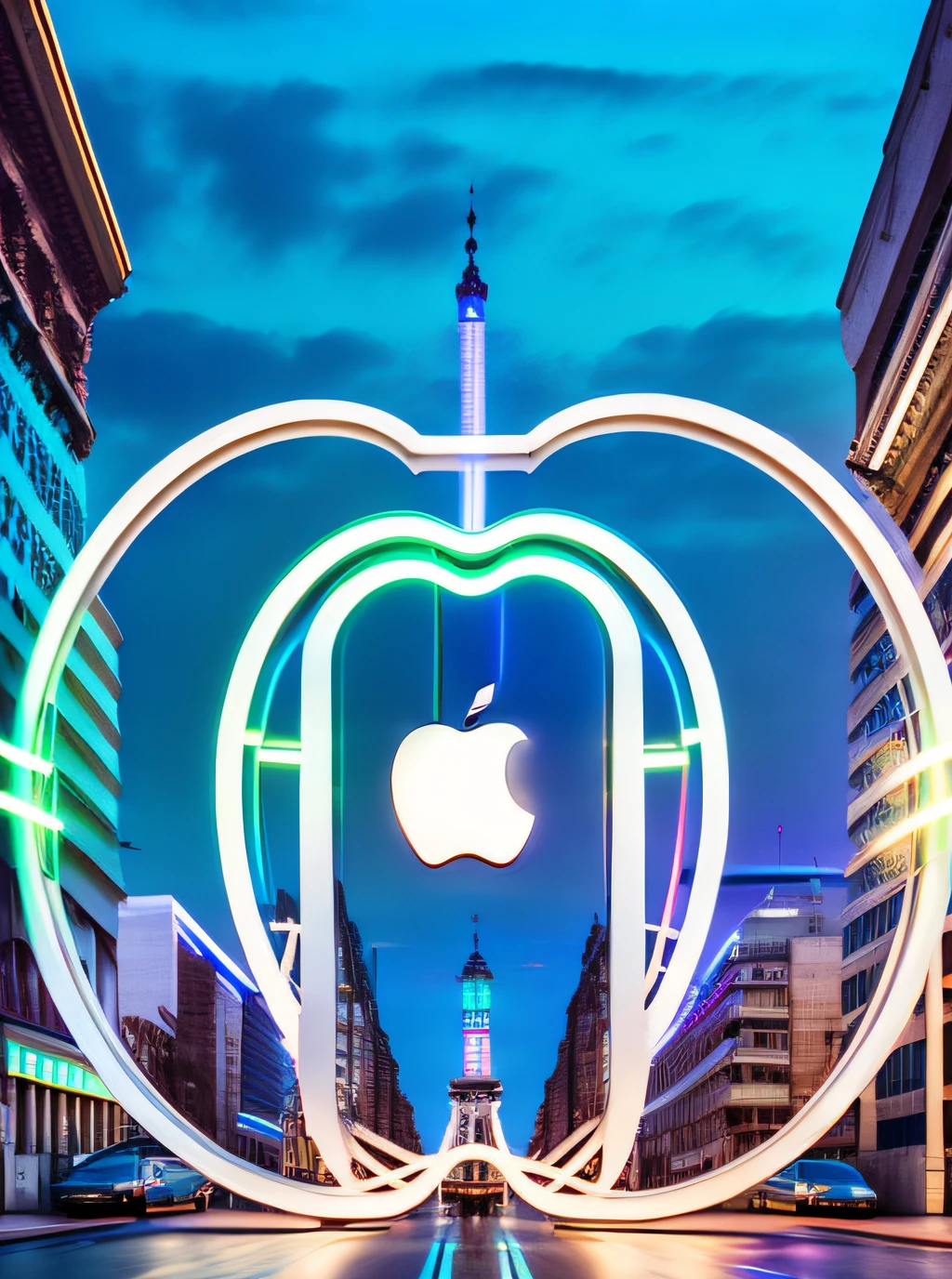 Cartel futurista con el logo de apple en backlight, luz blanca en una calle de una ciudad de noche oscura, neon, en estilo steampunk, con cables, partes mecanicas, retro, cartel luminoso, noche, realista, fotografico, alto detalle, fotorealista