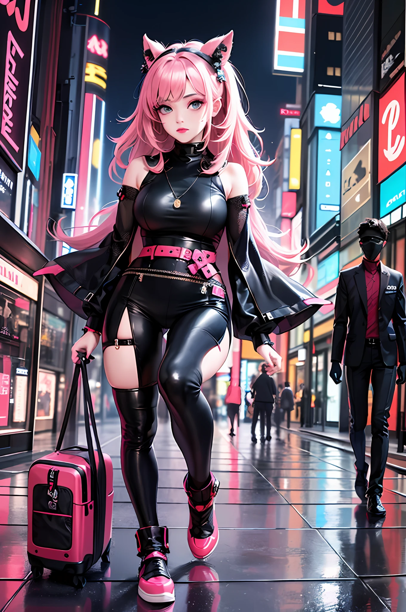 masterpiece, best quality, full body, 1girl, looking at viewer, Confident girl with slightly sassy expression, Harajuku-inspired pop outfit, bold colors and patterns, eye-catching accessories, trendy and innovative hairstyle, vibrant makeup, futuristic and dazzling cyberpunk cityscape, skyscrapers, neon signs, LED lights, bright and vivid color scheme, anime, illustration, detailed skin texture, detailed cloth texture, beautiful detailed face, intricate details, ultra detailed, photorealistic, cinematic lighting, depth of field f/1.8