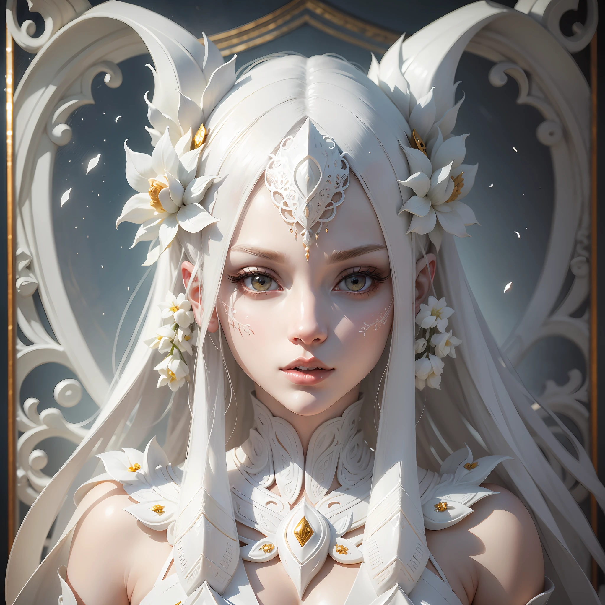 very beautiful woman, detailed face, mouth must be completely covered with white paint, marble color, hybrid of human and albino alien with head with very detailed white ornament, white ornament as a single limb, very white hybrid skin, hyperdetailed, intricately detailed white clothes, fantasy creature image, very white skin, --auto --s2