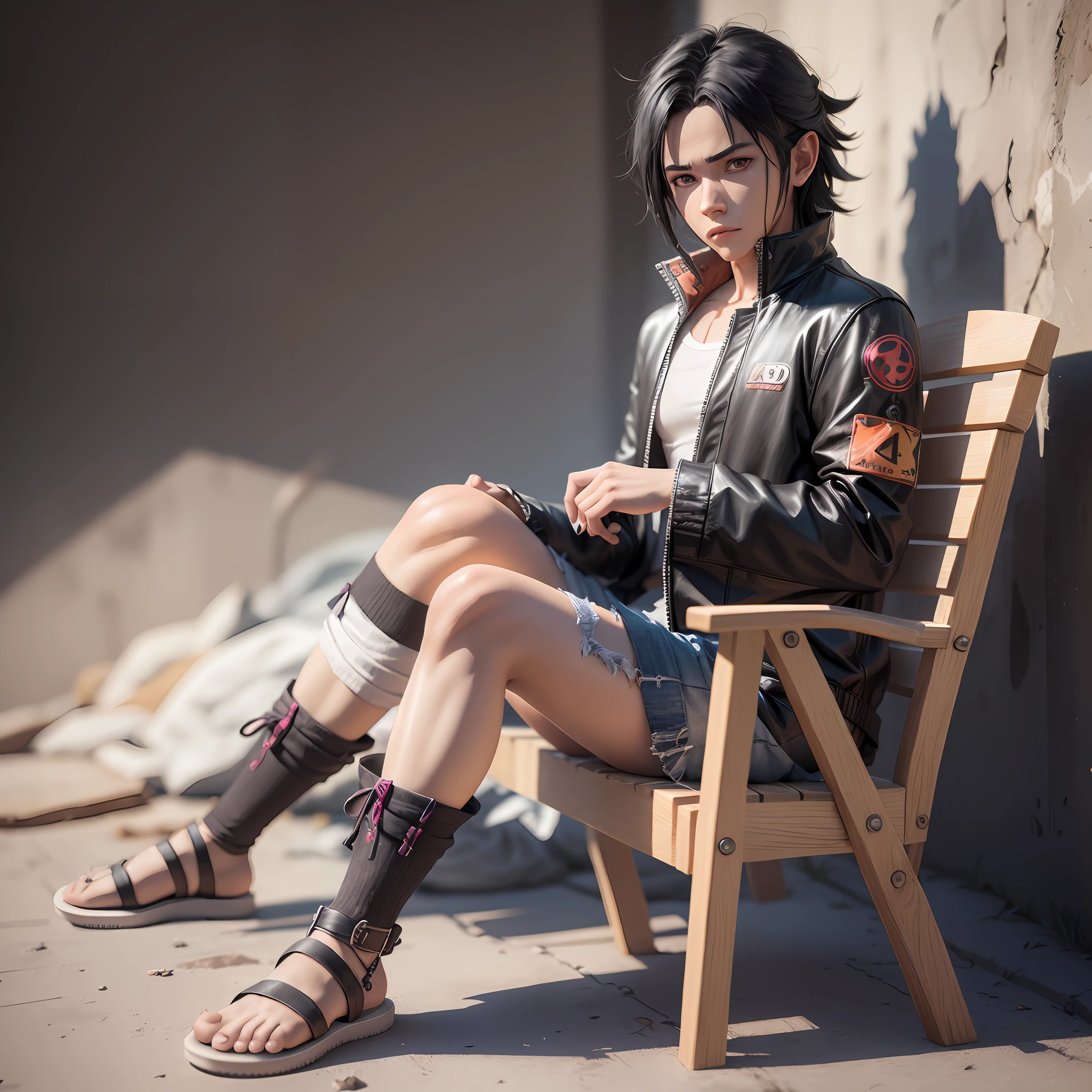 sasuke uchiha, naruto shippuden, menino masculino, cabelo requintado, sapatos requintados, representation of the eyes, cabelo requintado, Elvish style, caixa cega popmart, textura de argila, pisando na terra, fundo preto e branco, natural lightting, a maioria de boa qualidade, super detalhe, Arte 3D, c4d, renderizador OC, 3D-rendering, 8k
