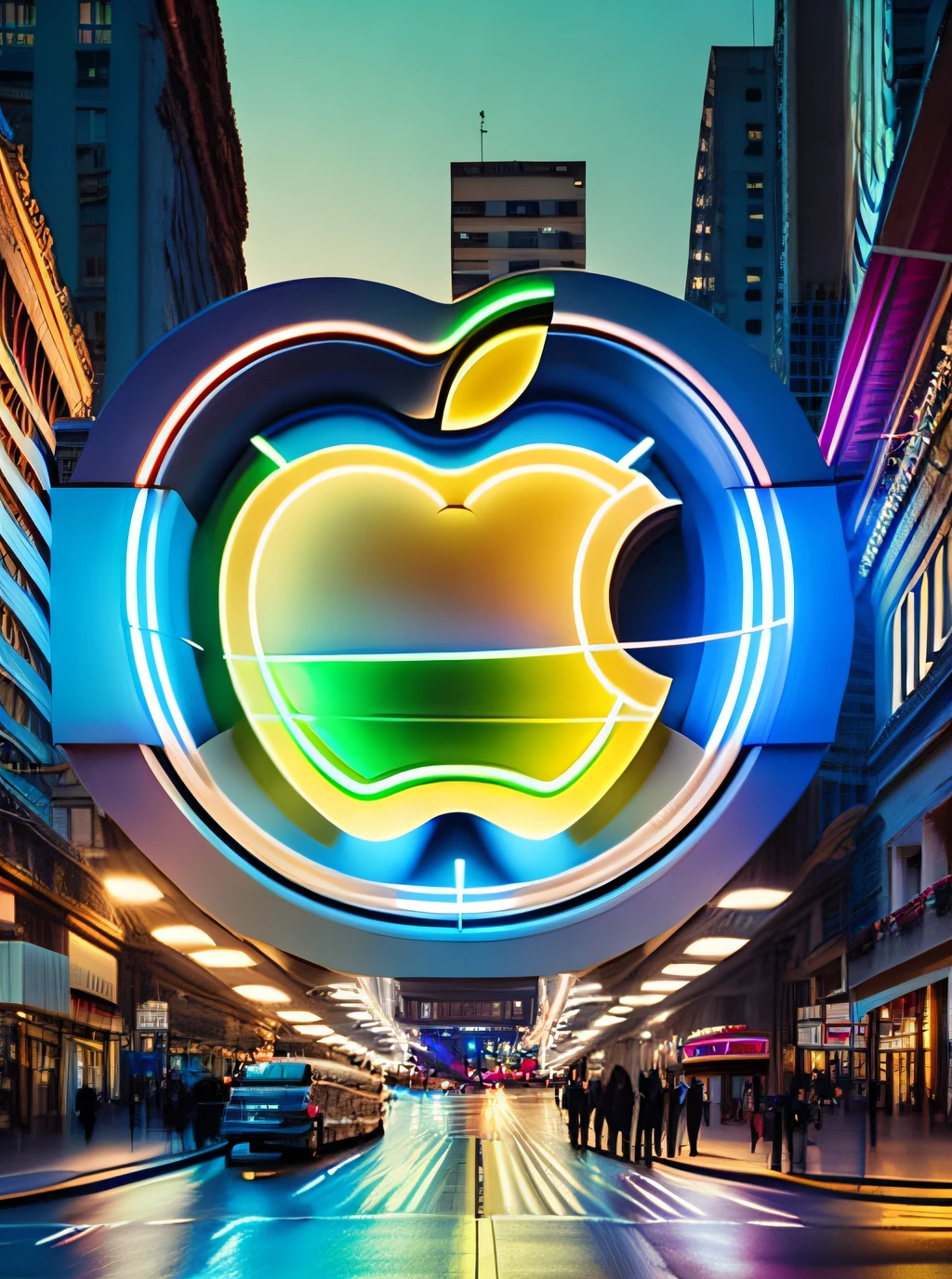Cartel futurista con el logo de apple en backlight, luz blanca en una calle de una ciudad de noche oscura, neon, en estilo steampunk, con cables, partes mecanicas, retro, cartel luminoso, noche, realista, fotografico, alto detalle, fotorealista