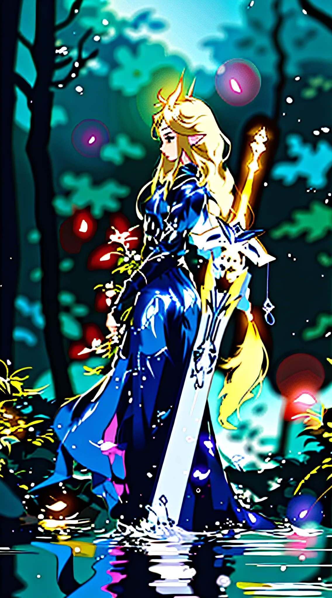 a woman in a long dress holding a sword in a forest, fantasy art style, digital 2d fantasy art, anime fantasy artwork, hold sword in the forest, anime fantasy illustration, epic fantasy art style, 2. 5 d cgi anime fantasy artwork, detailed digital 2d fantasy art, glowing sword, by Yang J, beautiful sword, fantasy style art