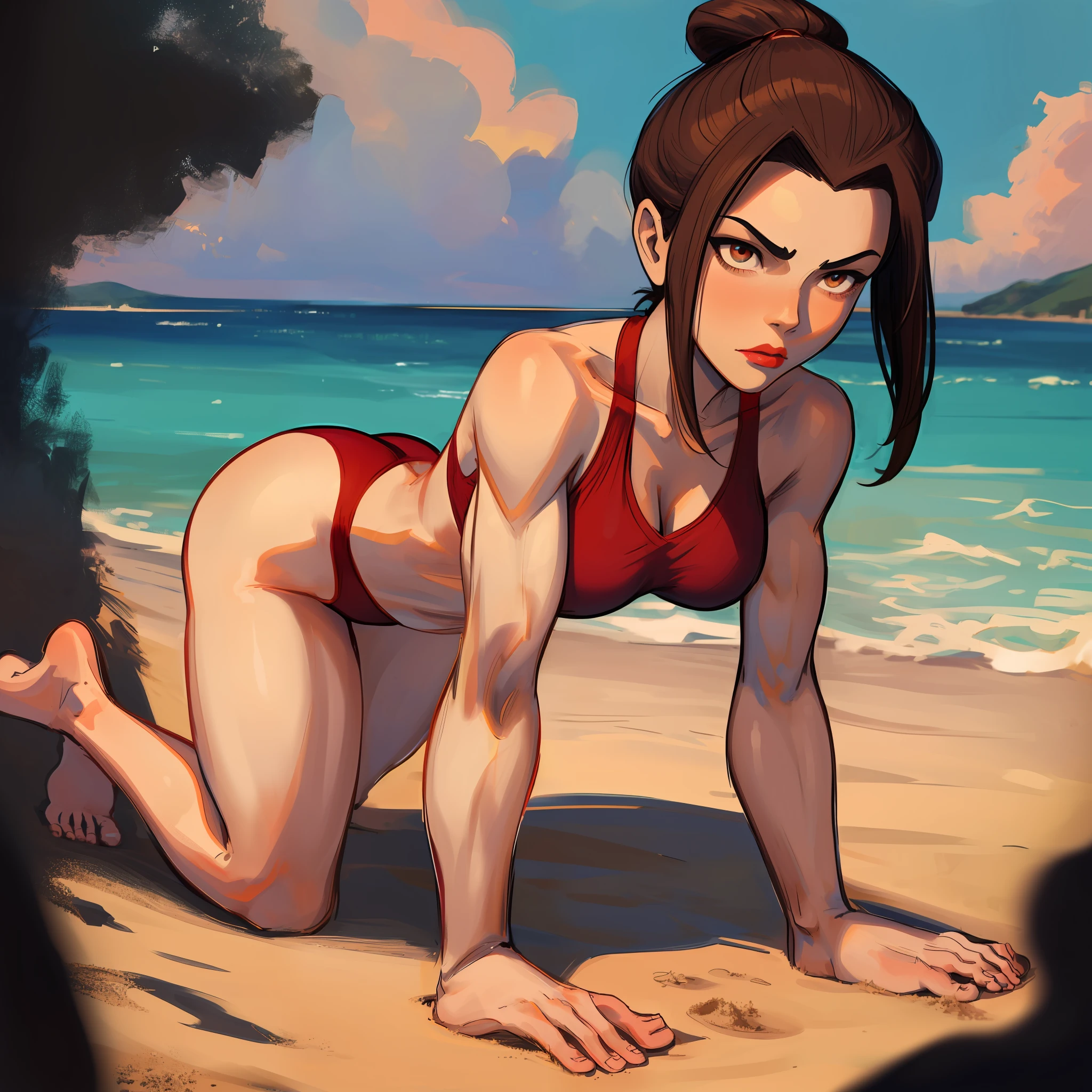 [azula], [(Avatar_the_Last_Airbender)], ((masterpiece:1.4)), ((high res:1.4)), ((High definition)), ((detailed shading)), ((beautiful solo portrait)), ((full body)), ((anime girl)), (beautiful 2D art)), {attractive; (brown hair), (hair bun), (beautiful maroon eyes), (puckered lips), (confused expression), curvaceous hips, beautiful lips, abs, (defined leg muscles), (beautiful legs)}, {(dark red bathing suit), (midriff), (barefoot)}, (sitting on sand), (all fours), (attractive pose), [background; beach, sunny, beautiful ocean]