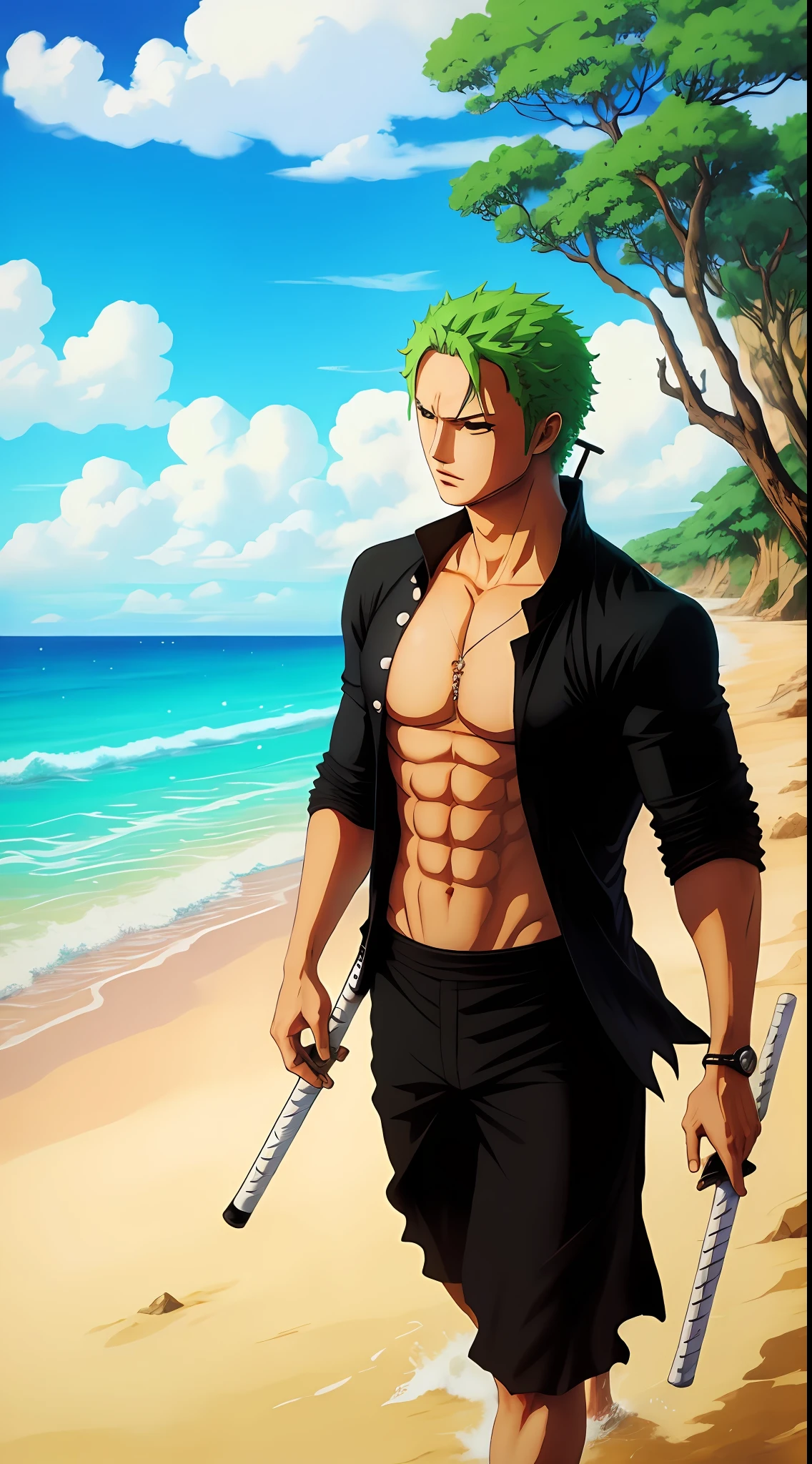 estilo anime, roronoa zoro one piece,clima quente, cores vividas, ceu azul magnifico,folhas levadas pelo vento