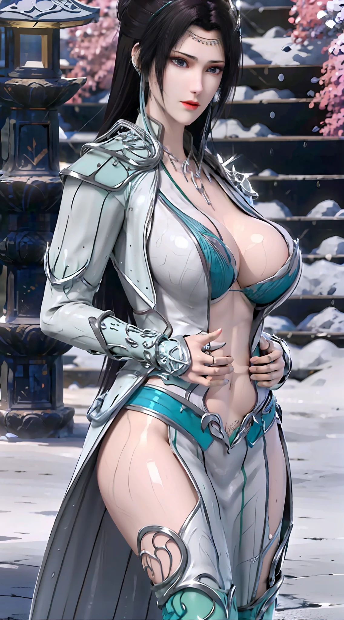 ((Unreal Engine 5)), Realistic Rendering, ((nsfw:1.5)), Excellent, (broken armor), (breastplate armor), (Cloak), (helm), looking on camera, standing on studio, beautiful face, makeup, CGImix, (photorealism:1.2), ultrarealistic uhd face, (huge fake boobs:1.4), (gigantic breasts:1.1), (muscle abs), (big butt), (wide hips), (thick thighs), slim waist, hourglass figure, half body, ((glowing skin)), ((shiny skin)), Realistic body, ((she is sexy body)), ((clean skin)), photorealistic, bokeh, motion blur, masterpiece, highres, 1080P, super detail, textured skin.