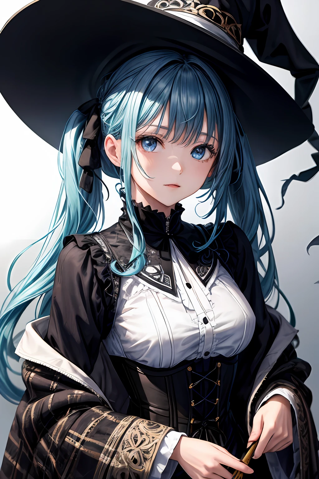 [1girl|solo], (masterpiece:1.1), (best quality:1.1), (intricate detailed Rocker [[White Ombr shirt:Black Appliqud with patches and motifs morning dress:0.85]:[Black Collared revealing clothes:Earth tones hip vent little black dress:0.15]:0.7]:1.25), (Tweed [[Coral Woolen A-line skirt:Turquoise Sleeveless tutu:0.05]:[Green Sheer thong:Orange Linen blouson:0.1]:0.1]:1.15), [nipples|nipples], [(NSFW:1.0):(NSFW:0.95):0.15],[medium:[large|medium]:0.35] breasts, corset, BREAK [black:pink:0.65] theme, (gradient background:1.1), portrait, BREAK [blond:sky blue :0.05] hair, blunt bangs,hime cut,long hair, side-ponytails, [blue:purple:0.85] eyes, intricate detailed black witch hat, holding wand,