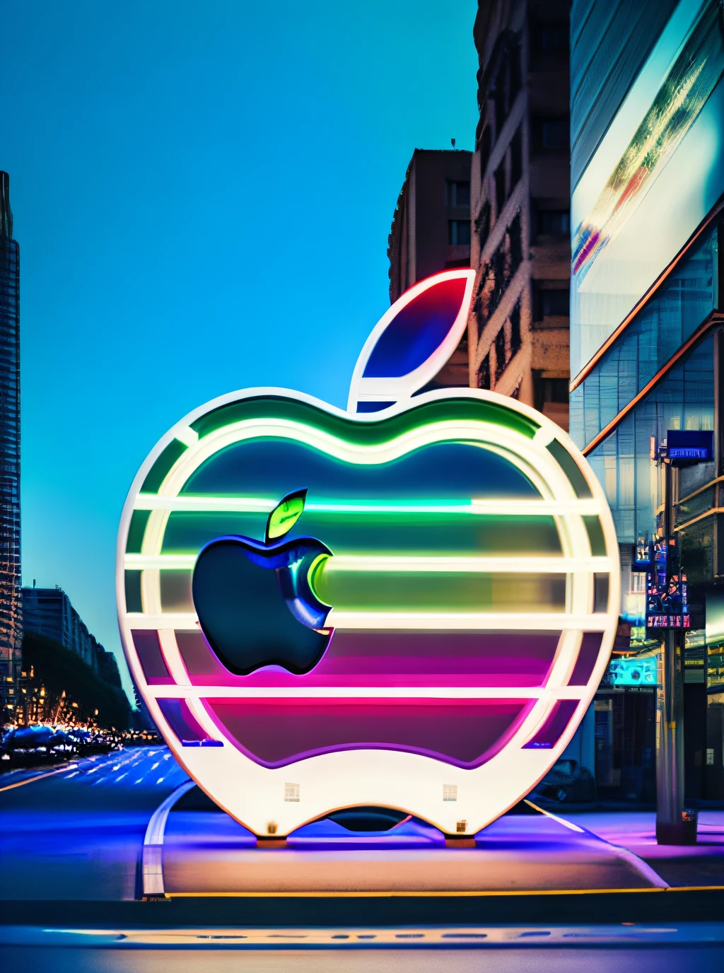 Cartel futurista con el logo de apple en backlight, luz blanca en una calle de una ciudad de noche, neon,, con cables, partes mecanicas y roboticas, retro, cartel luminoso, noche, realista, fotografico, alto detalle, fotorealista