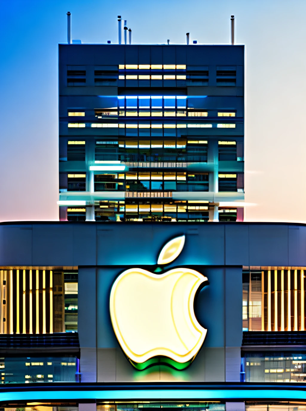 Cartel futurista con el logo de apple en backlight, luz blanca sobre el techo de un edificio en una ciudad de noche, neon, con cables, partes mecanicas, retro, cartel luminoso, noche, realista, fotografico, alto detalle, fotorealista